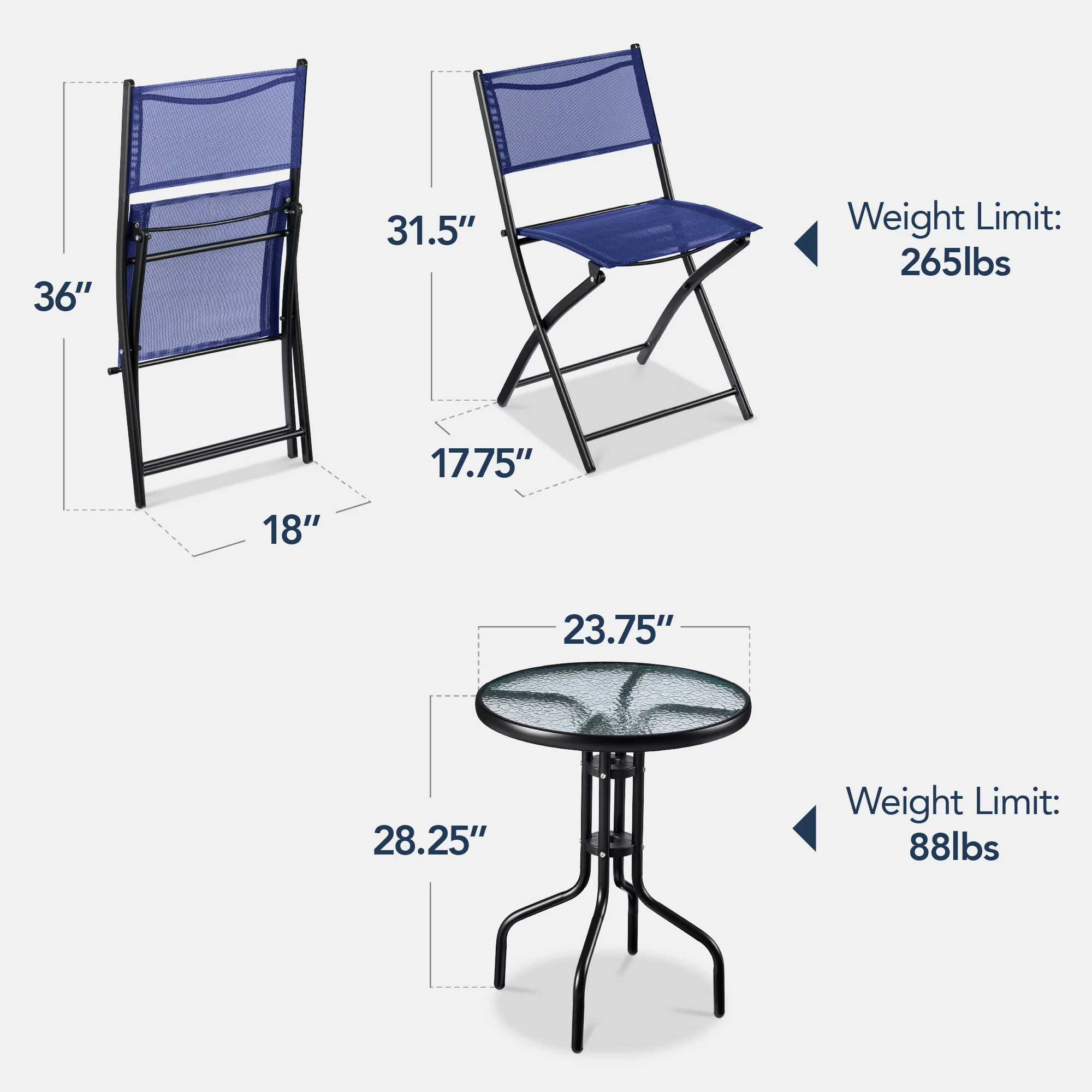 3-Piece Bistro Set w/ Glass Table, 2 Foldable Chairs - Image 74