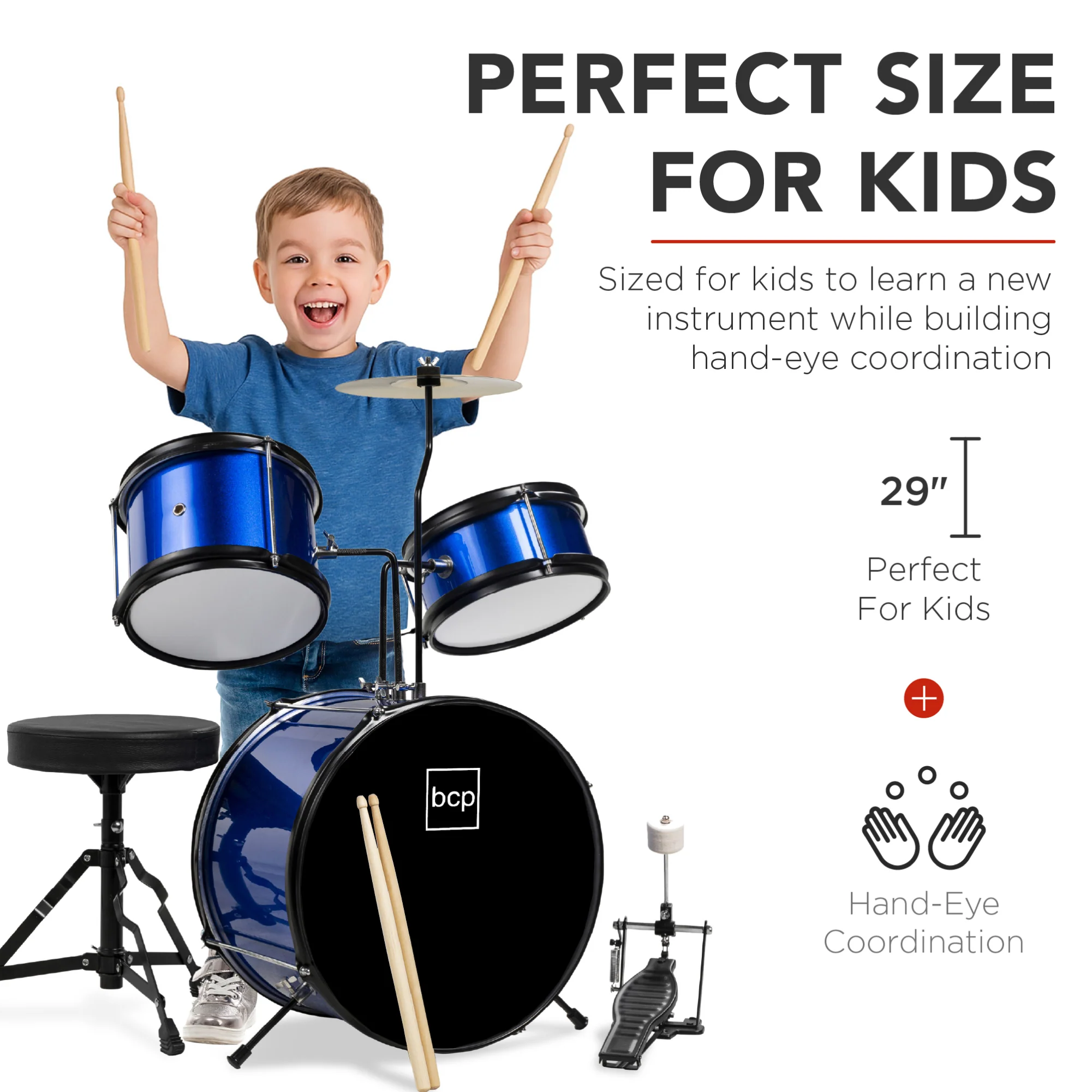 Kids Beginner 3-Piece Drum, Musical Instrument Set w/ Sticks, Stool, Pedal - Image 12