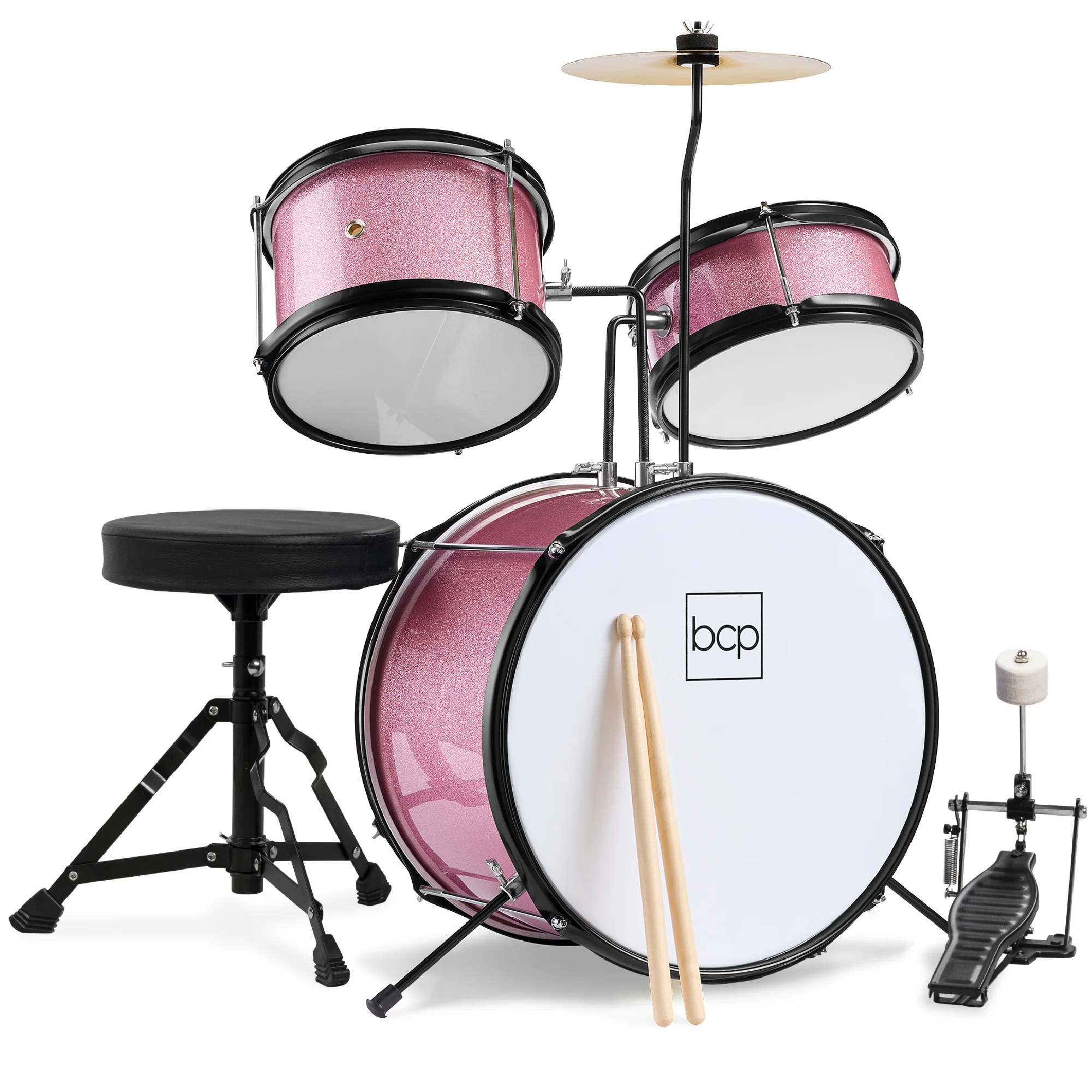 Kids Beginner 3-Piece Drum, Musical Instrument Set w/ Sticks, Stool, Pedal - Image 14