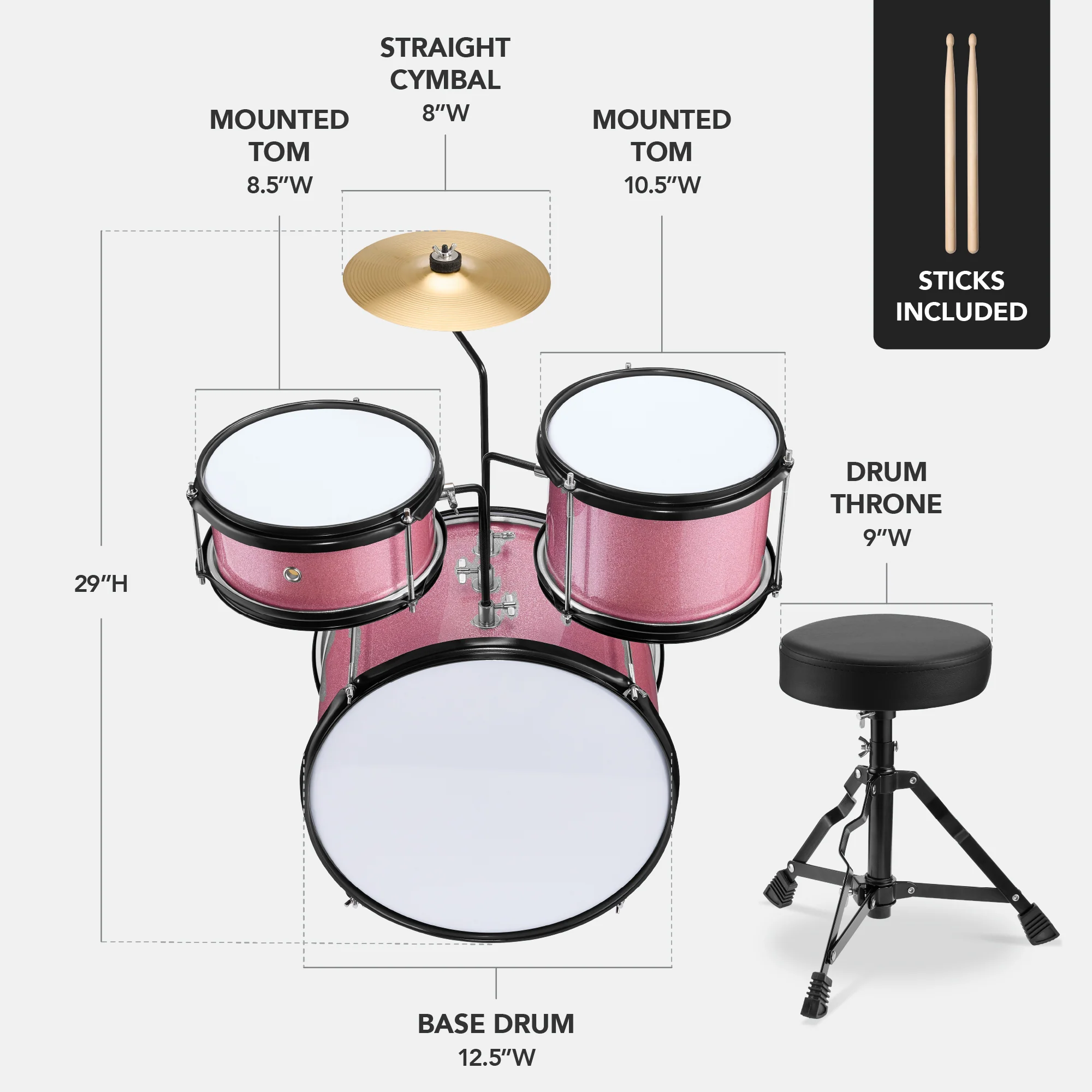 Kids Beginner 3-Piece Drum, Musical Instrument Set w/ Sticks, Stool, Pedal - Image 15