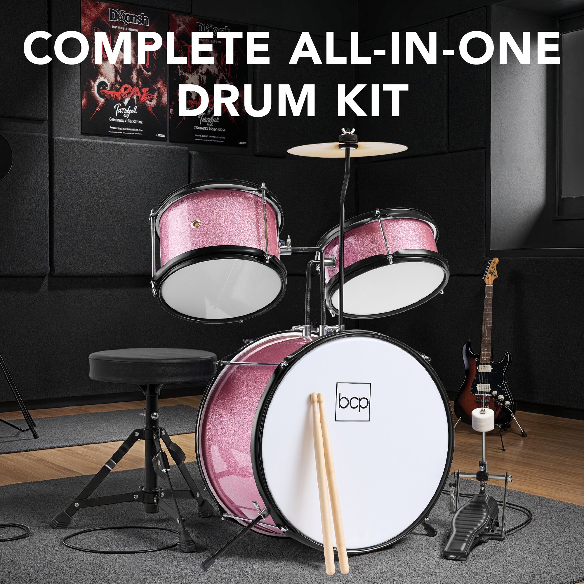 Kids Beginner 3-Piece Drum, Musical Instrument Set w/ Sticks, Stool, Pedal - Image 16