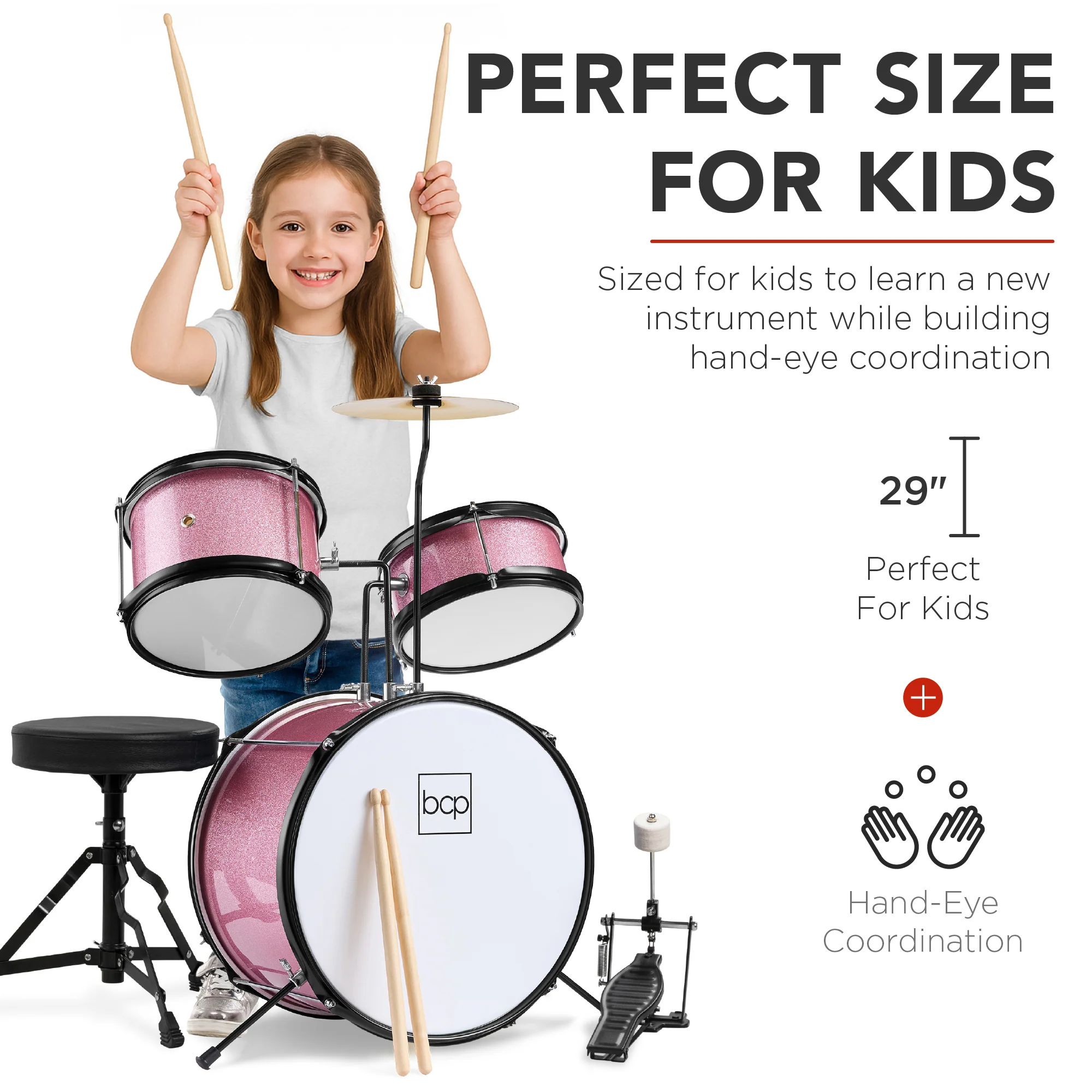 Kids Beginner 3-Piece Drum, Musical Instrument Set w/ Sticks, Stool, Pedal - Image 19