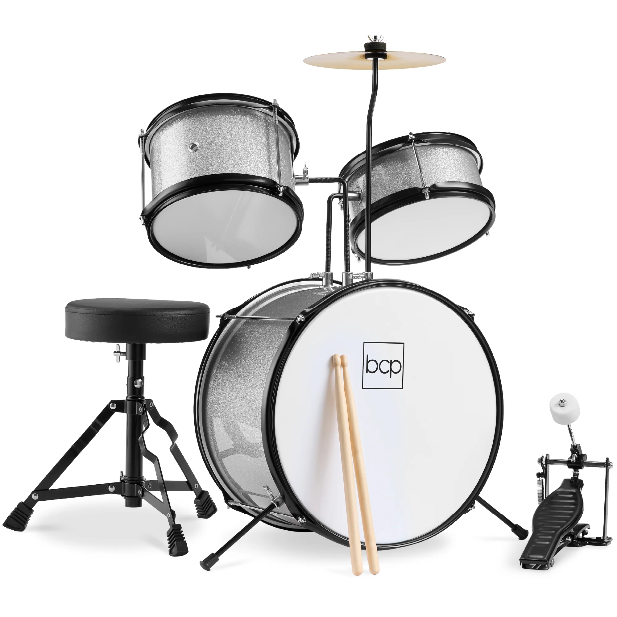 Kids Beginner 3-Piece Drum, Musical Instrument Set w/ Sticks, Stool, Pedal - Image 21