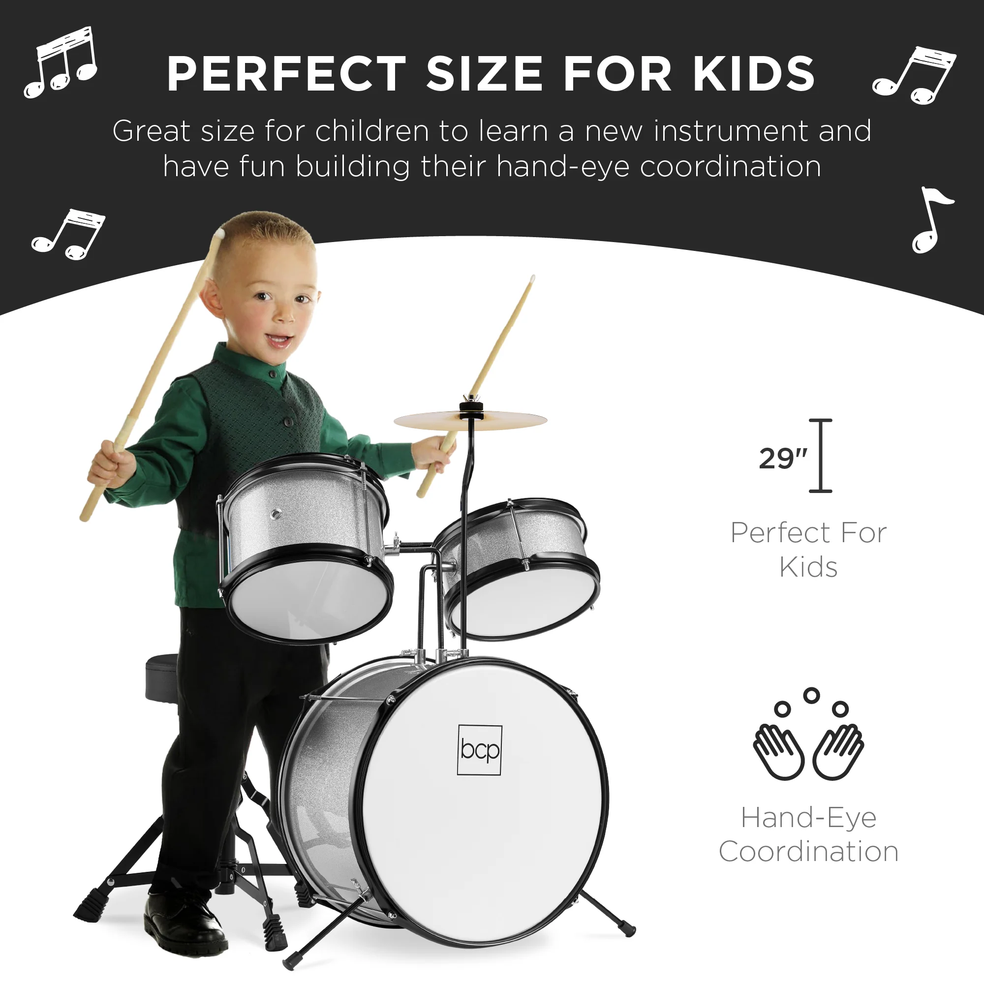 Kids Beginner 3-Piece Drum, Musical Instrument Set w/ Sticks, Stool, Pedal - Image 22