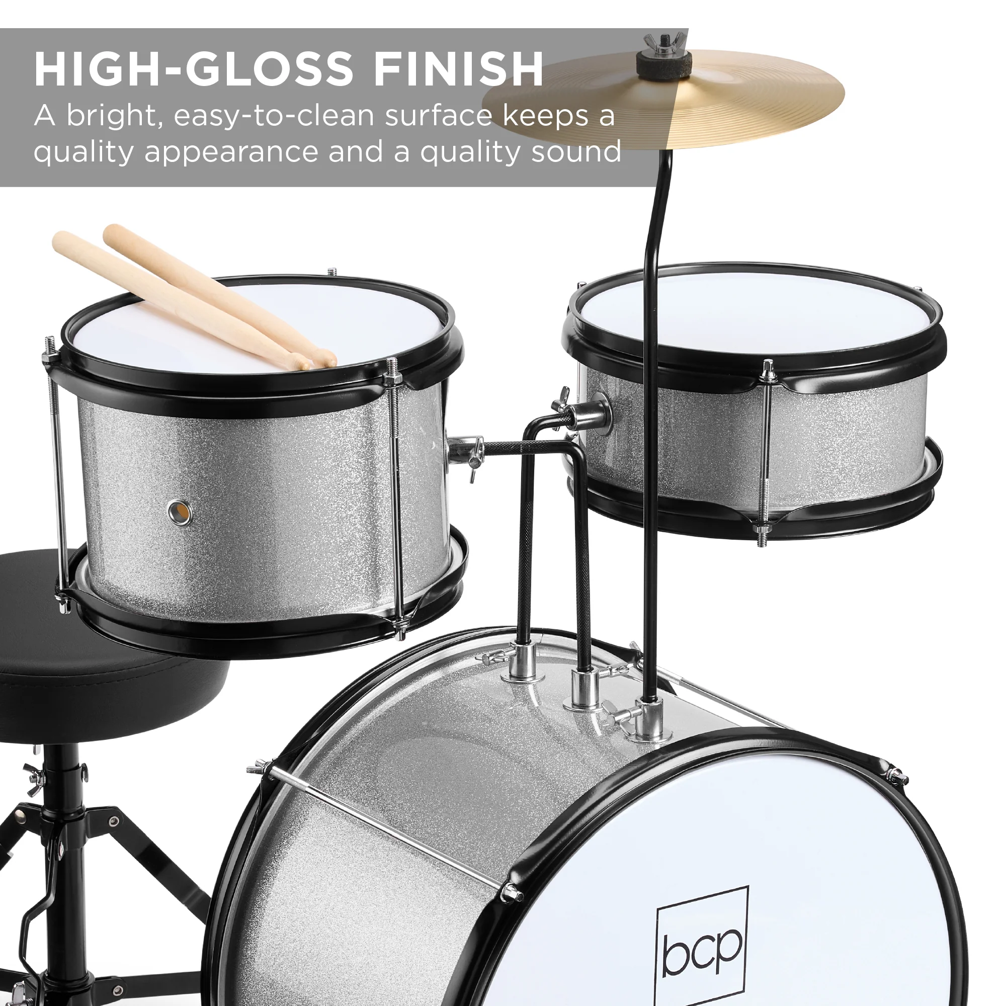 Kids Beginner 3-Piece Drum, Musical Instrument Set w/ Sticks, Stool, Pedal - Image 24