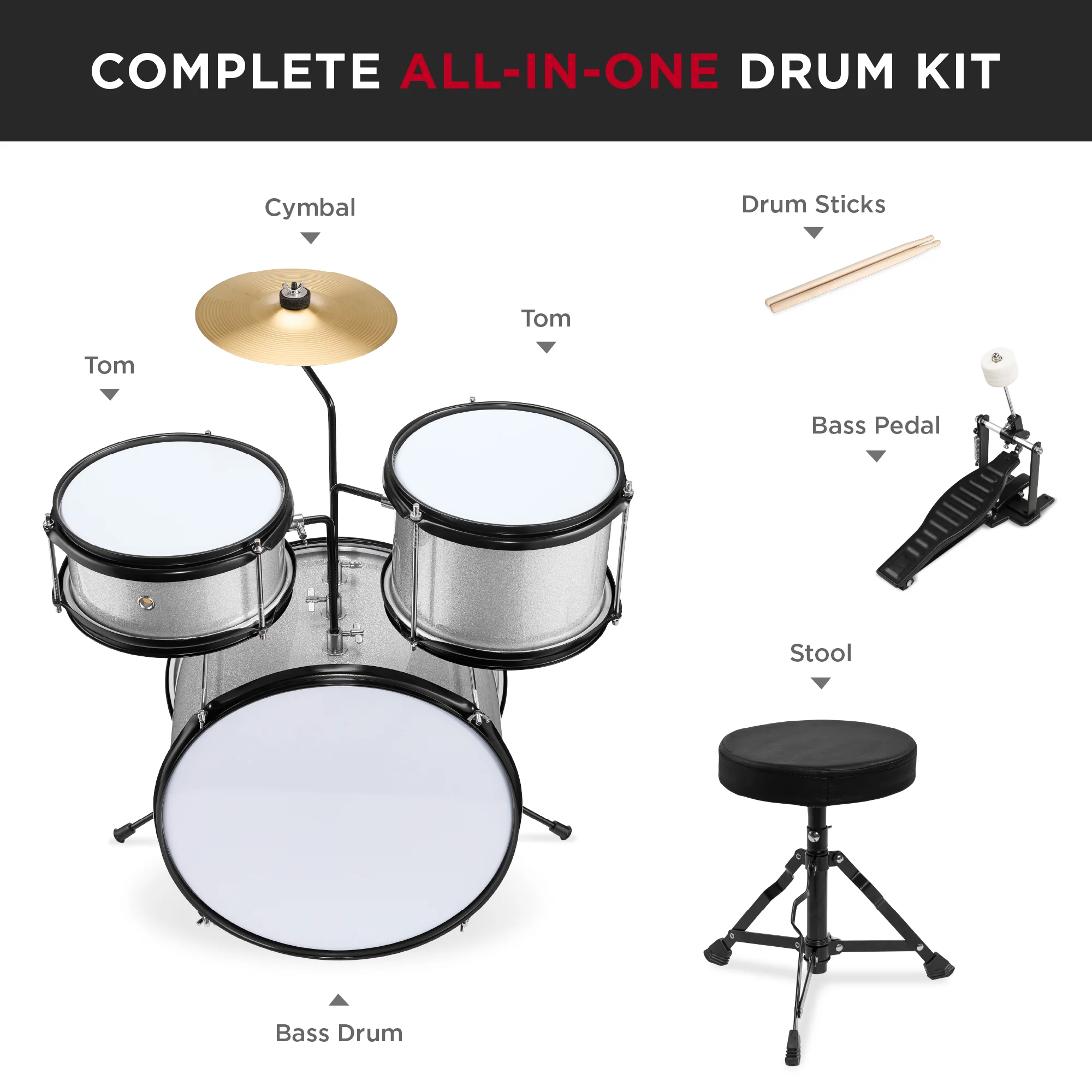 Kids Beginner 3-Piece Drum, Musical Instrument Set w/ Sticks, Stool, Pedal - Image 25