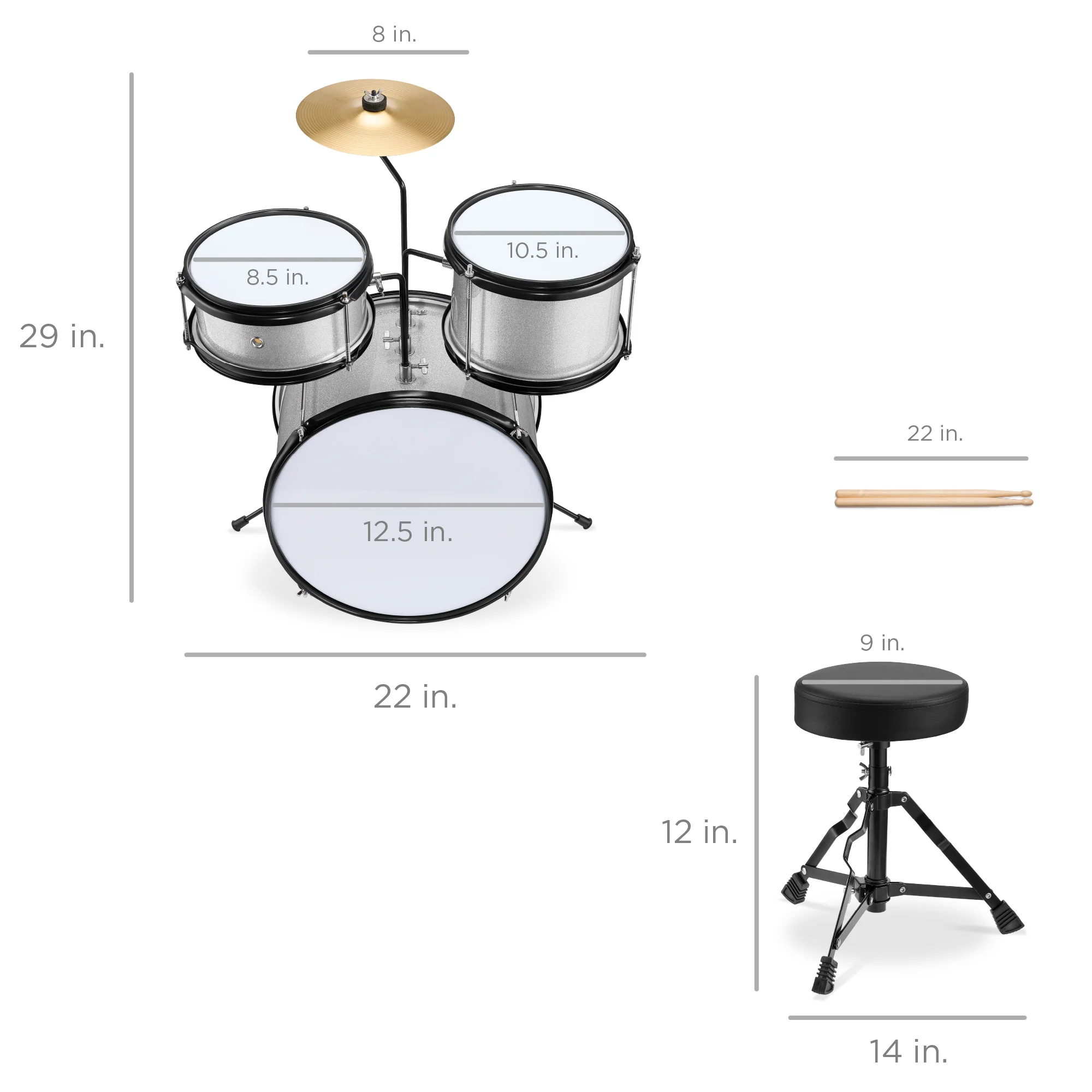 Kids Beginner 3-Piece Drum, Musical Instrument Set w/ Sticks, Stool, Pedal - Image 26