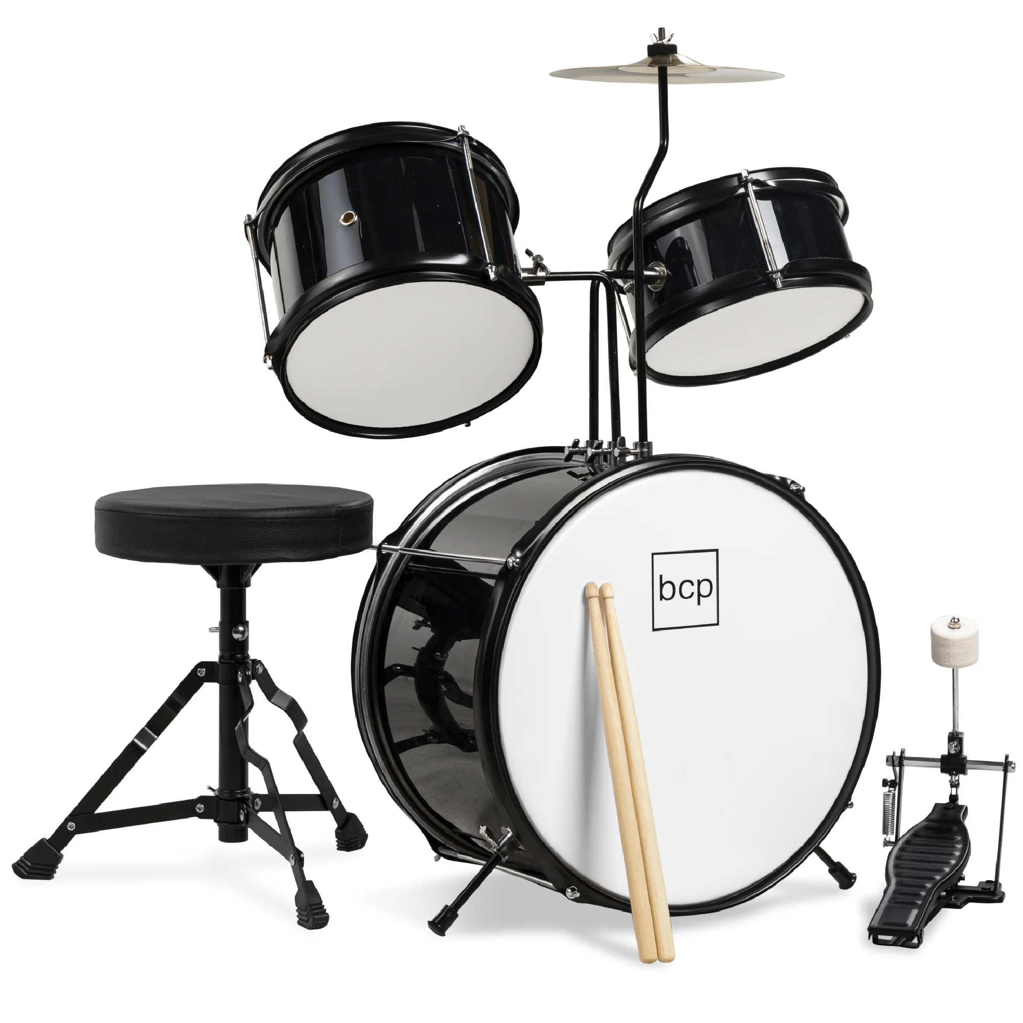 Kids Beginner 3-Piece Drum, Musical Instrument Set w/ Sticks, Stool, Pedal - Image 27