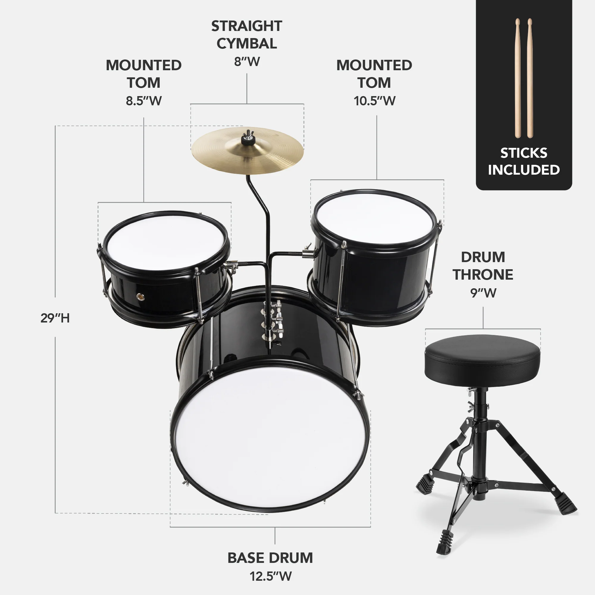 Kids Beginner 3-Piece Drum, Musical Instrument Set w/ Sticks, Stool, Pedal - Image 28