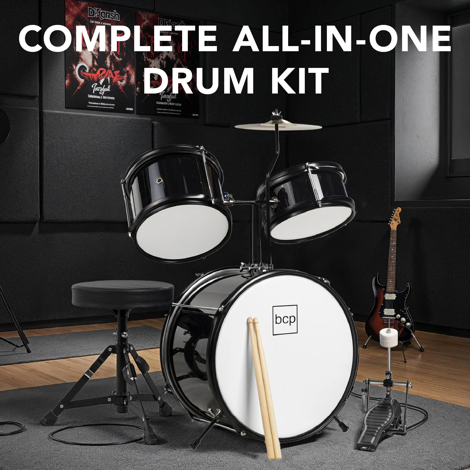 Kids Beginner 3-Piece Drum, Musical Instrument Set w/ Sticks, Stool, Pedal - Image 29