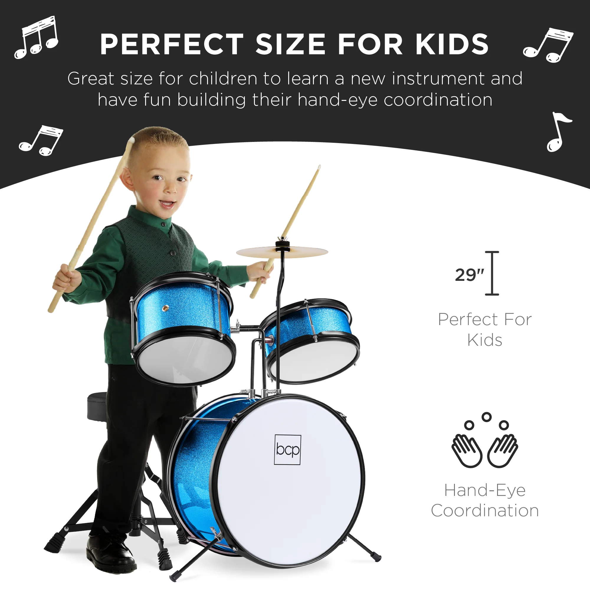 Kids Beginner 3-Piece Drum, Musical Instrument Set w/ Sticks, Stool, Pedal - Image 3