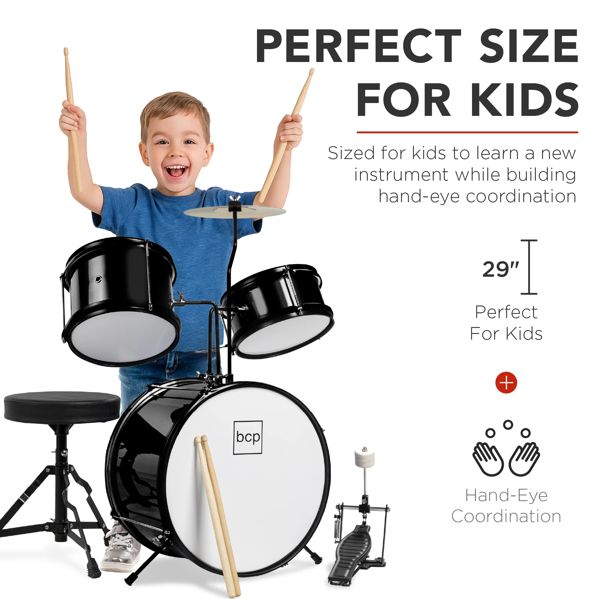 Kids Beginner 3-Piece Drum, Musical Instrument Set w/ Sticks, Stool, Pedal - Image 32