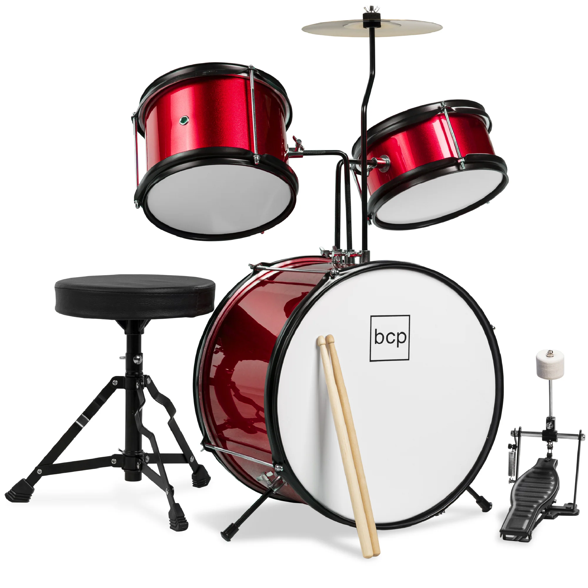 Kids Beginner 3-Piece Drum, Musical Instrument Set w/ Sticks, Stool, Pedal - Image 34
