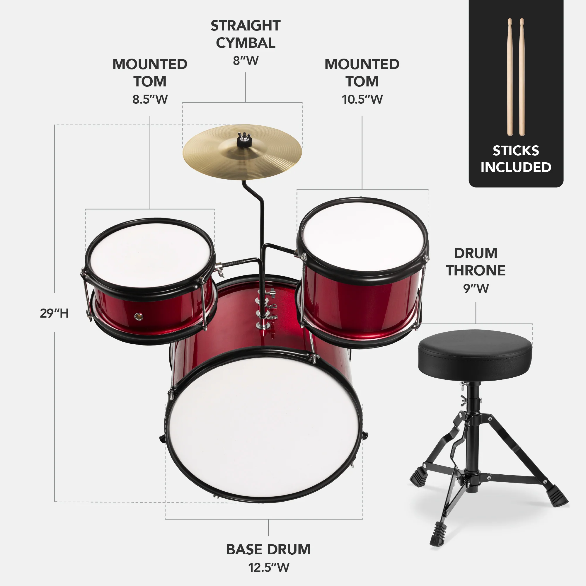 Kids Beginner 3-Piece Drum, Musical Instrument Set w/ Sticks, Stool, Pedal - Image 35
