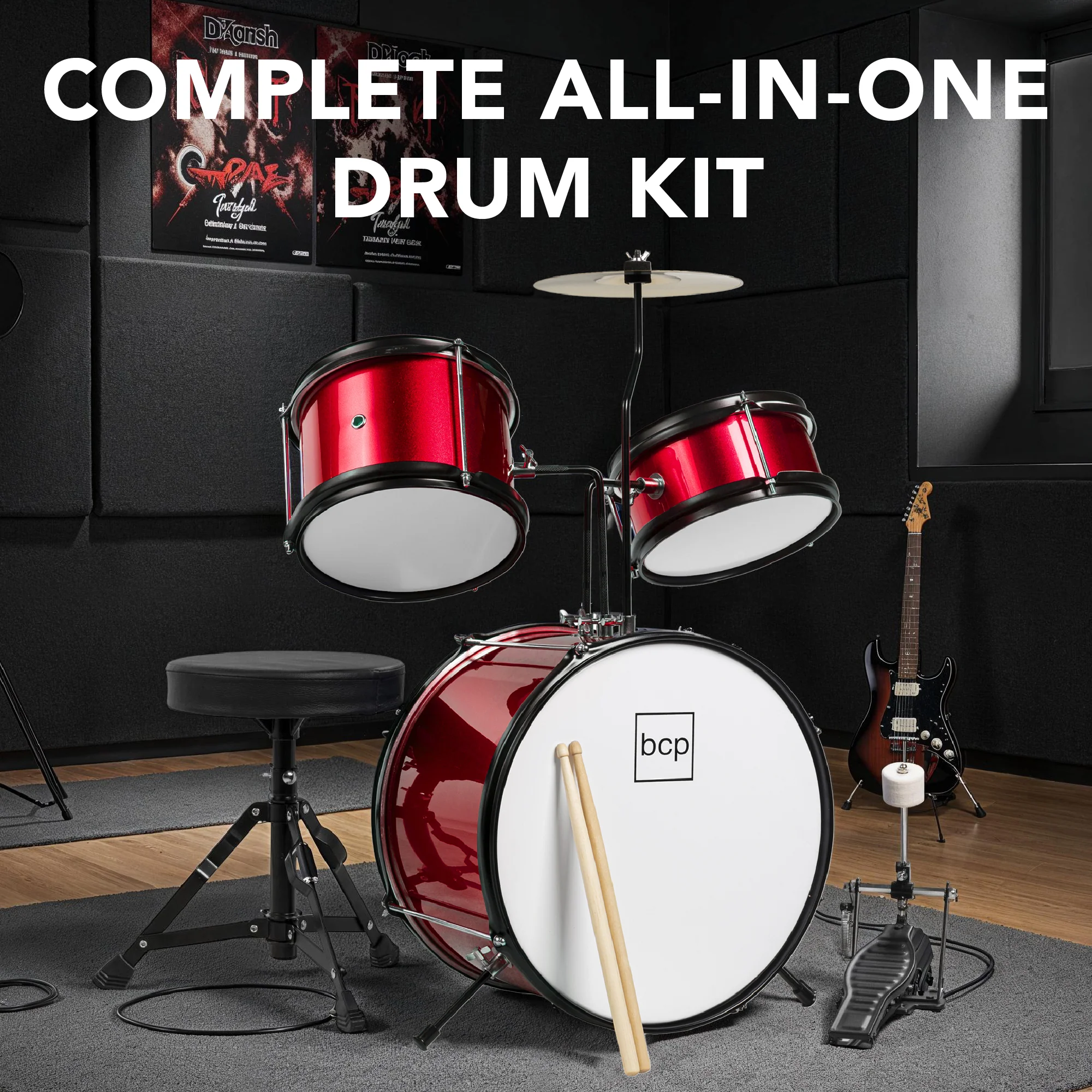 Kids Beginner 3-Piece Drum, Musical Instrument Set w/ Sticks, Stool, Pedal - Image 36