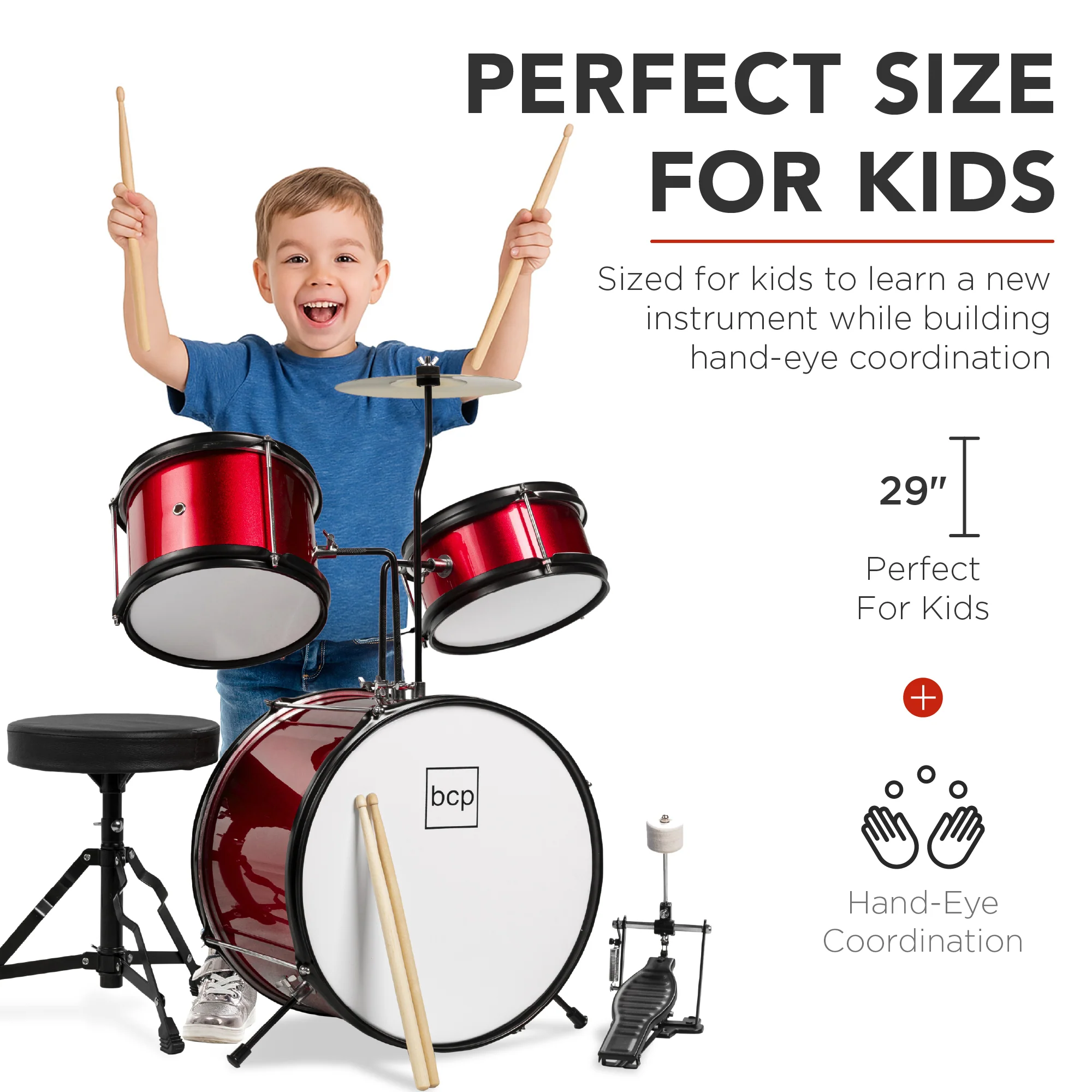 Kids Beginner 3-Piece Drum, Musical Instrument Set w/ Sticks, Stool, Pedal - Image 39