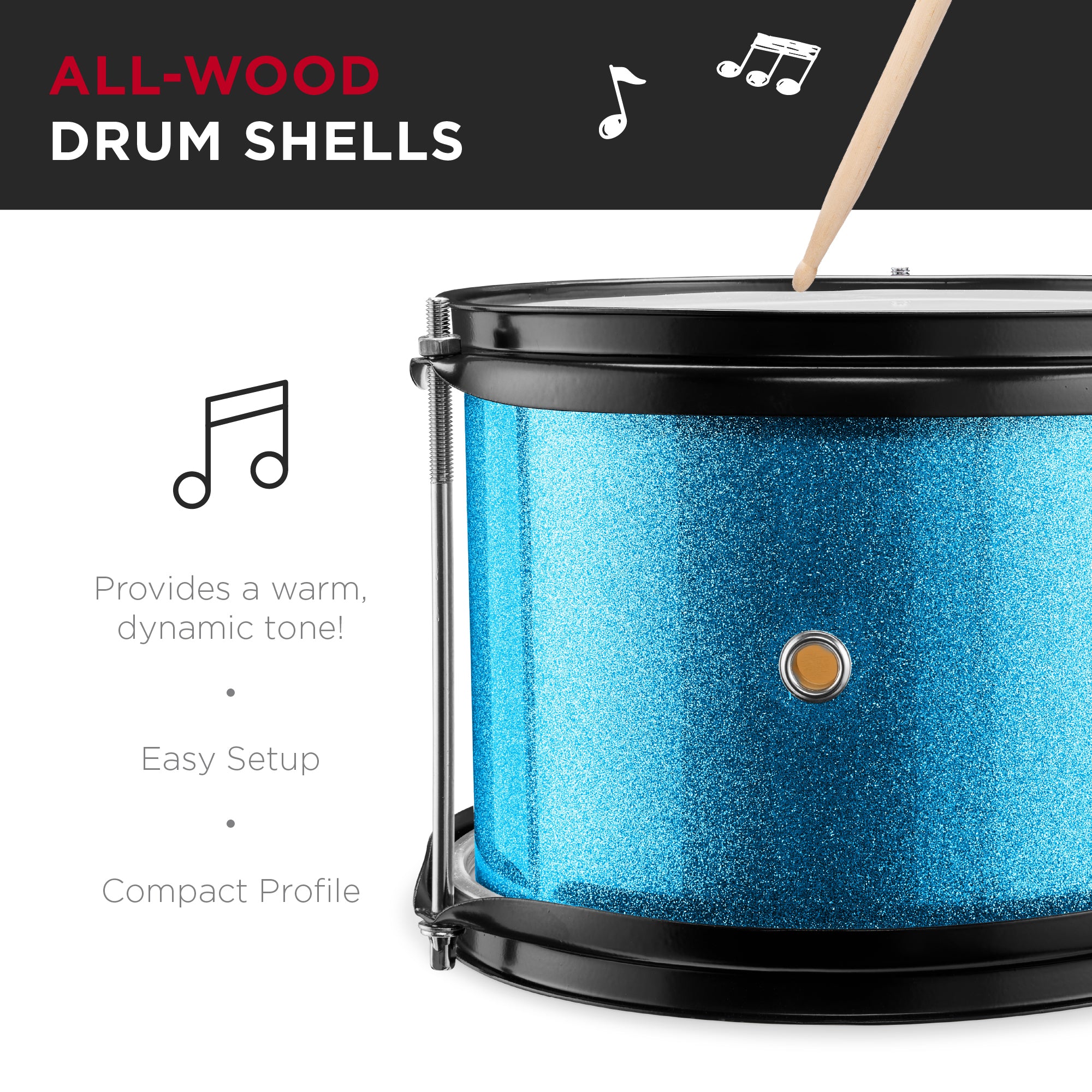 Kids Beginner 3-Piece Drum, Musical Instrument Set w/ Sticks, Stool, Pedal - Image 4