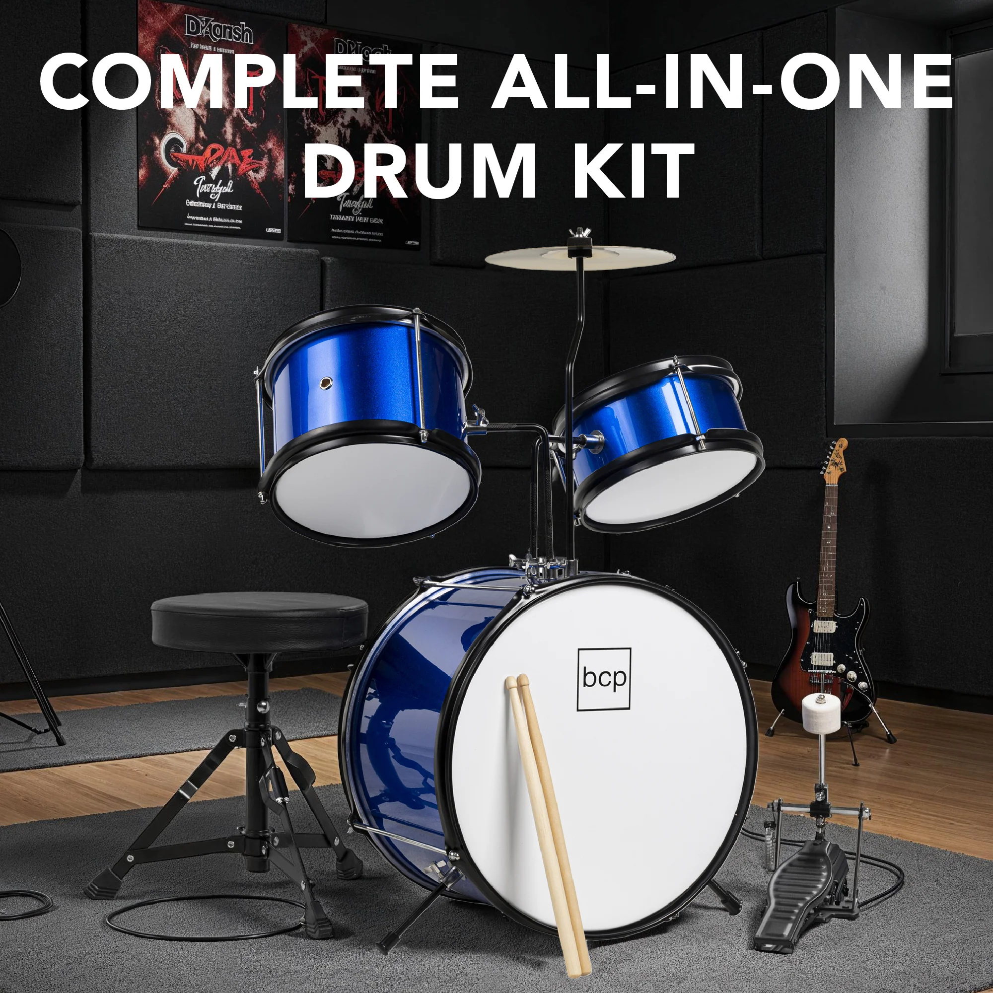 Kids Beginner 3-Piece Drum, Musical Instrument Set w/ Sticks, Stool, Pedal - Image 43