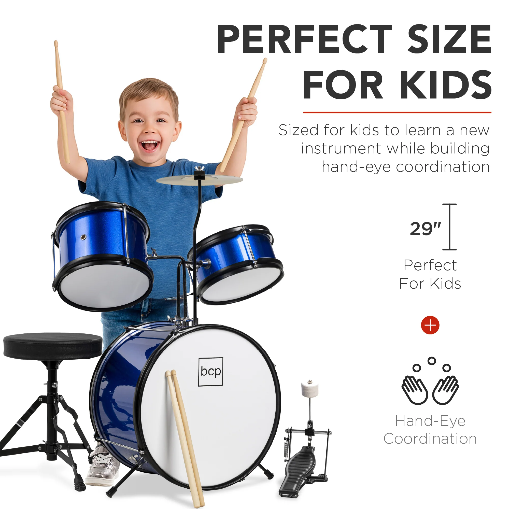 Kids Beginner 3-Piece Drum, Musical Instrument Set w/ Sticks, Stool, Pedal - Image 46