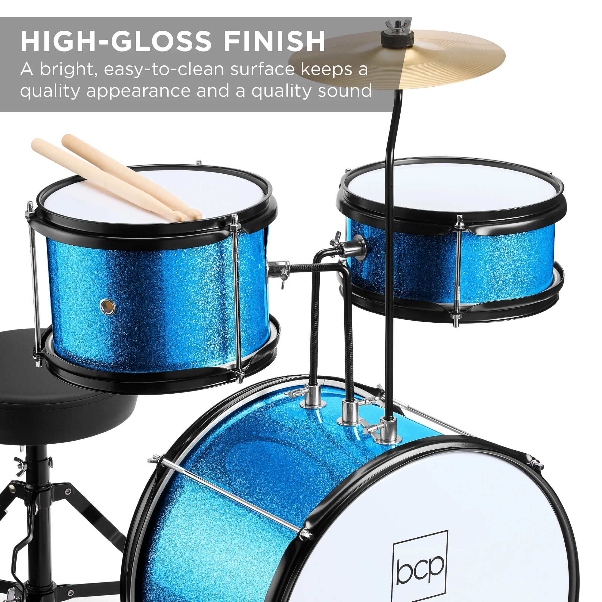 Kids Beginner 3-Piece Drum, Musical Instrument Set w/ Sticks, Stool, Pedal - Image 5