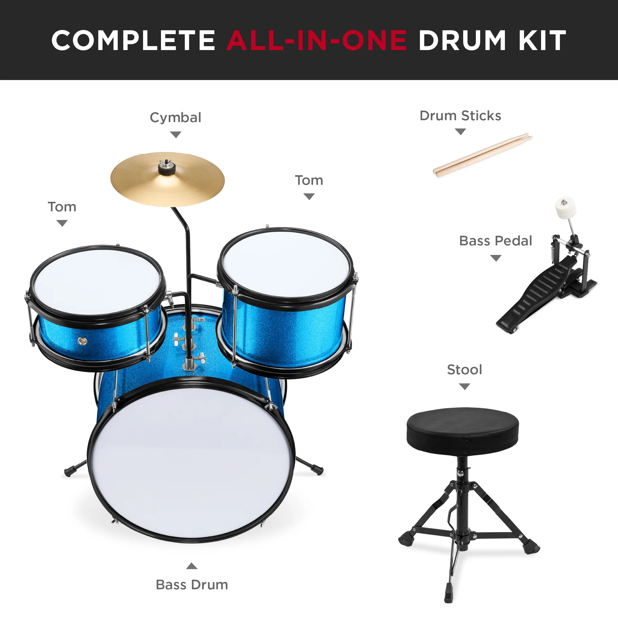 Kids Beginner 3-Piece Drum, Musical Instrument Set w/ Sticks, Stool, Pedal - Image 6