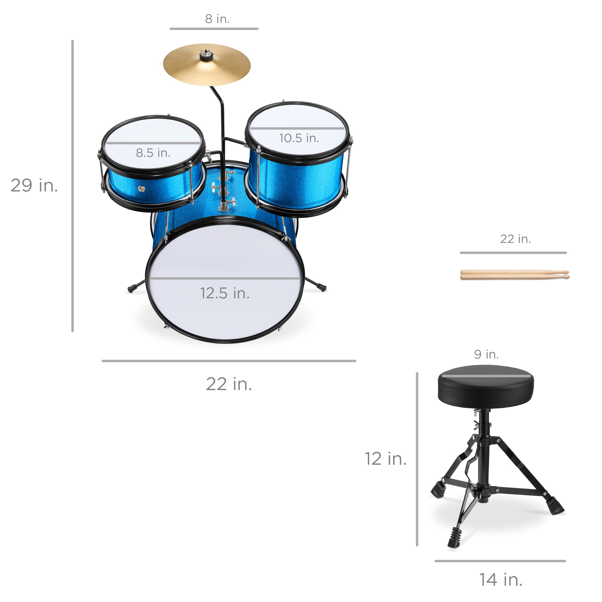 Kids Beginner 3-Piece Drum, Musical Instrument Set w/ Sticks, Stool, Pedal - Image 7