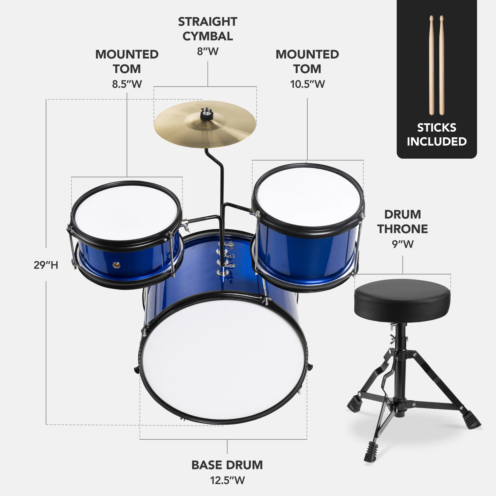 Kids Beginner 3-Piece Drum, Musical Instrument Set w/ Sticks, Stool, Pedal - Image 8