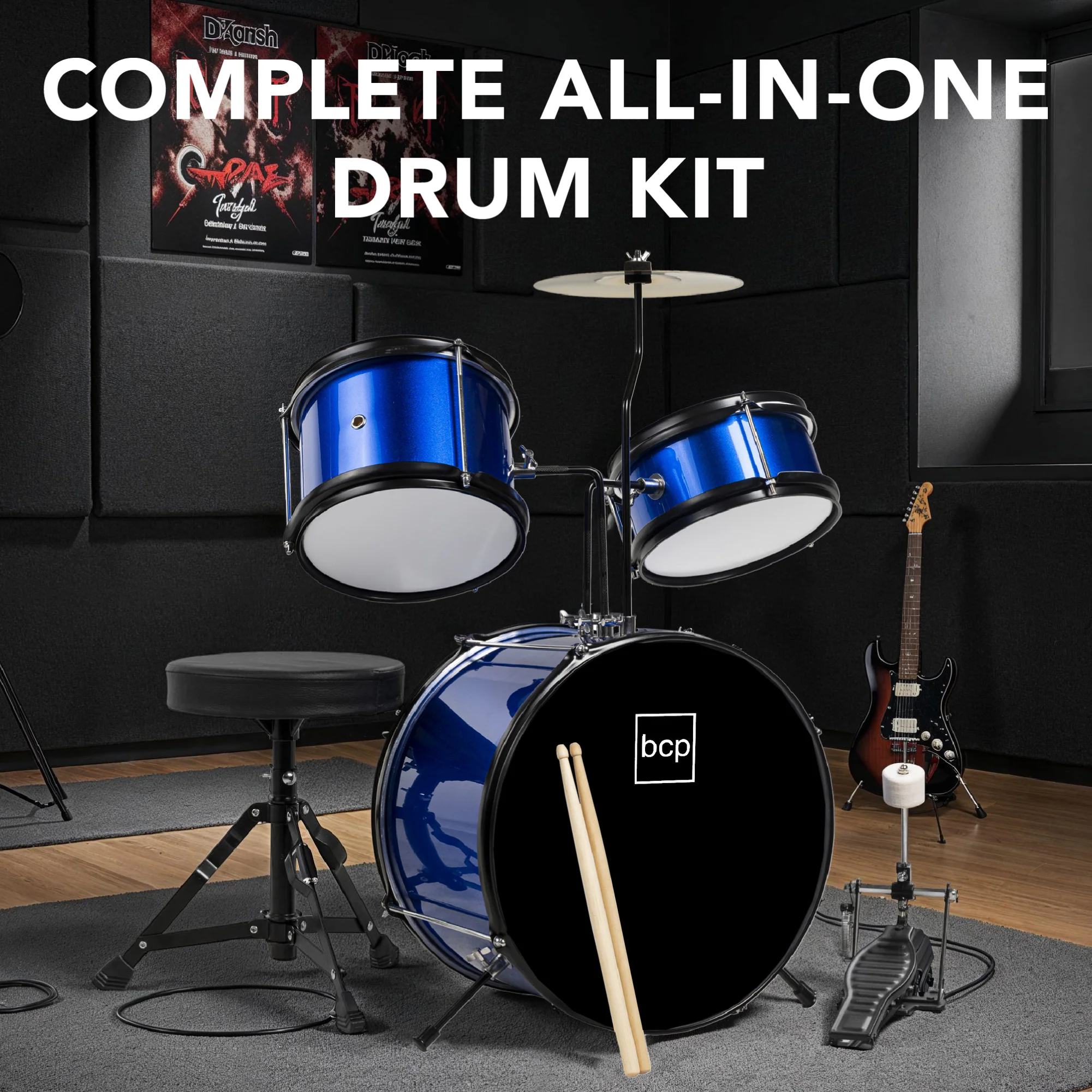 Kids Beginner 3-Piece Drum, Musical Instrument Set w/ Sticks, Stool, Pedal - Image 9