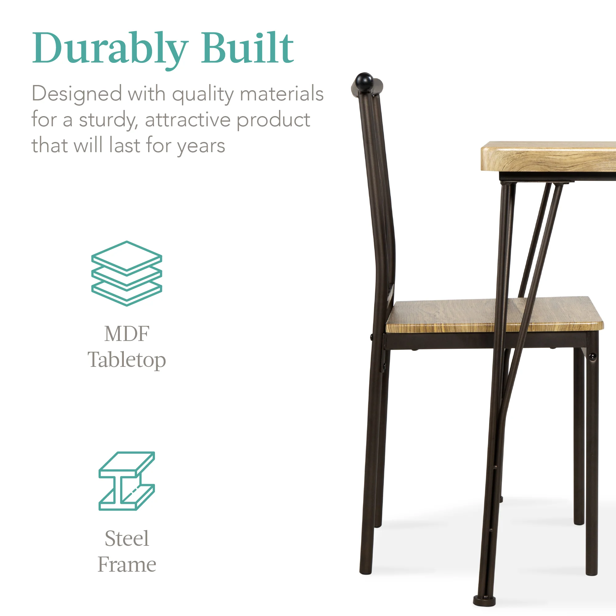 3-Piece Metal Wood Square Dining Table Furniture Set w/ 2 Chairs - Image 10