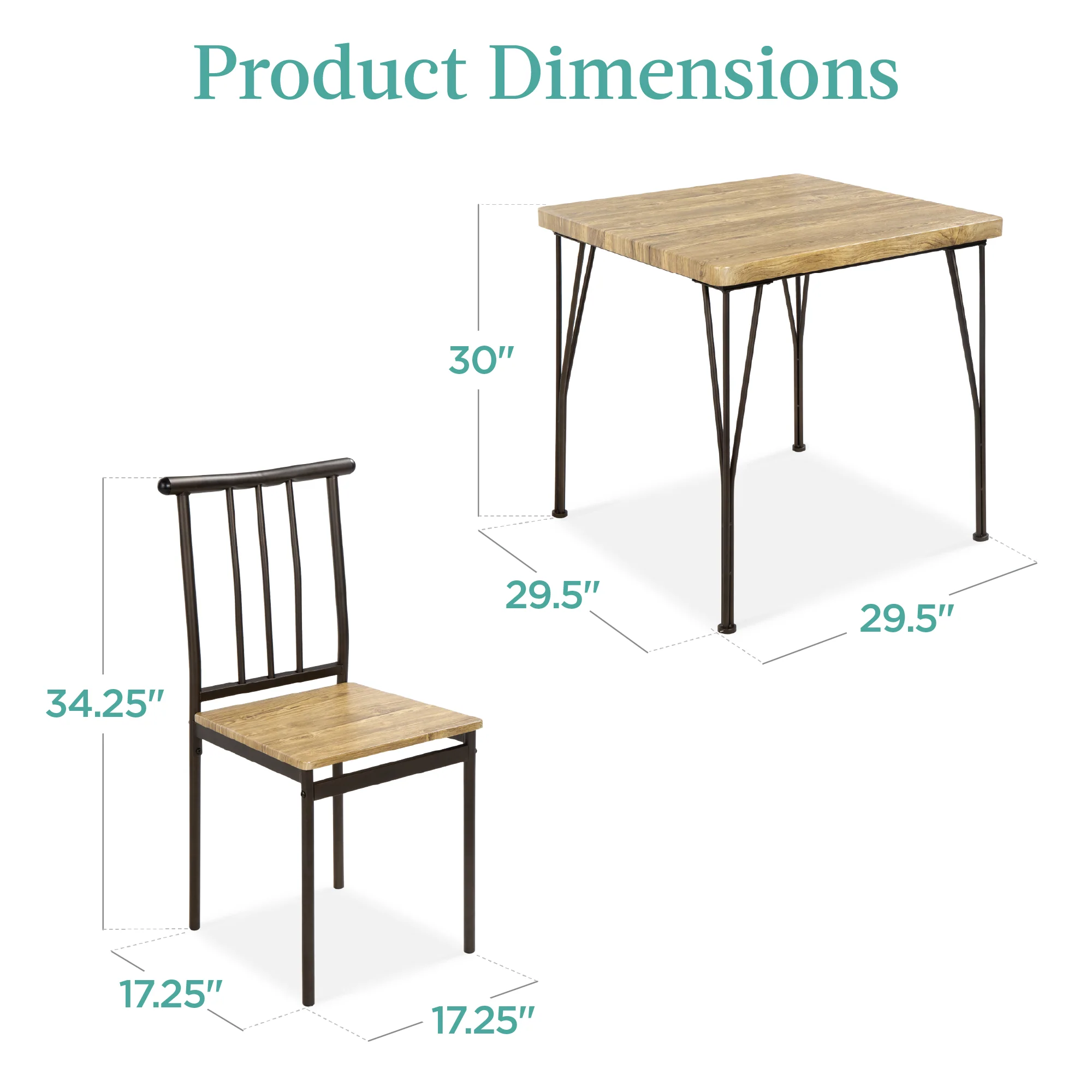 3-Piece Metal Wood Square Dining Table Furniture Set w/ 2 Chairs - Image 14