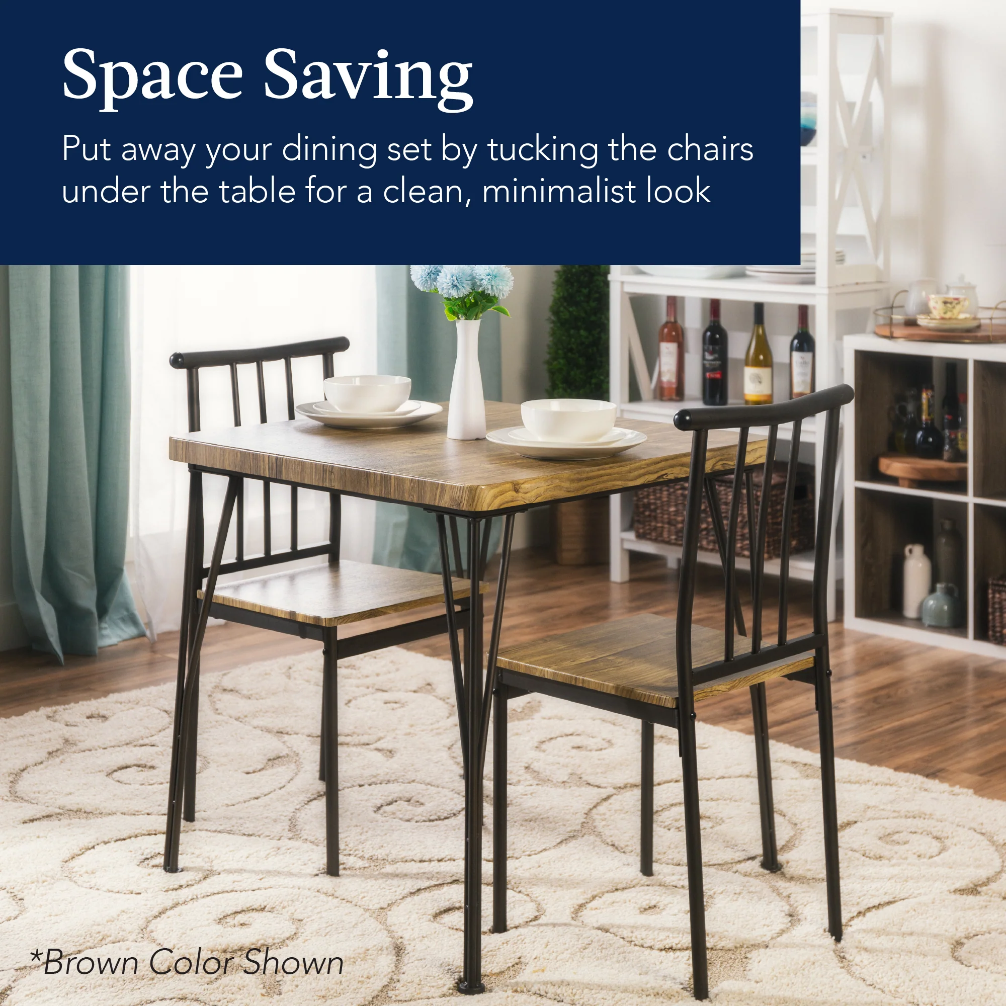 3-Piece Metal Wood Square Dining Table Furniture Set w/ 2 Chairs - Image 20