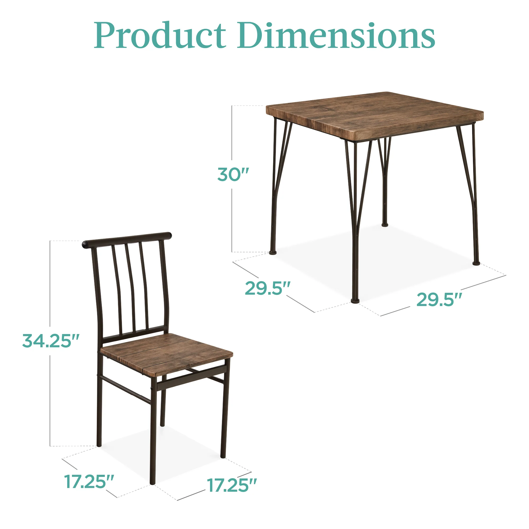 3-Piece Metal Wood Square Dining Table Furniture Set w/ 2 Chairs - Image 21
