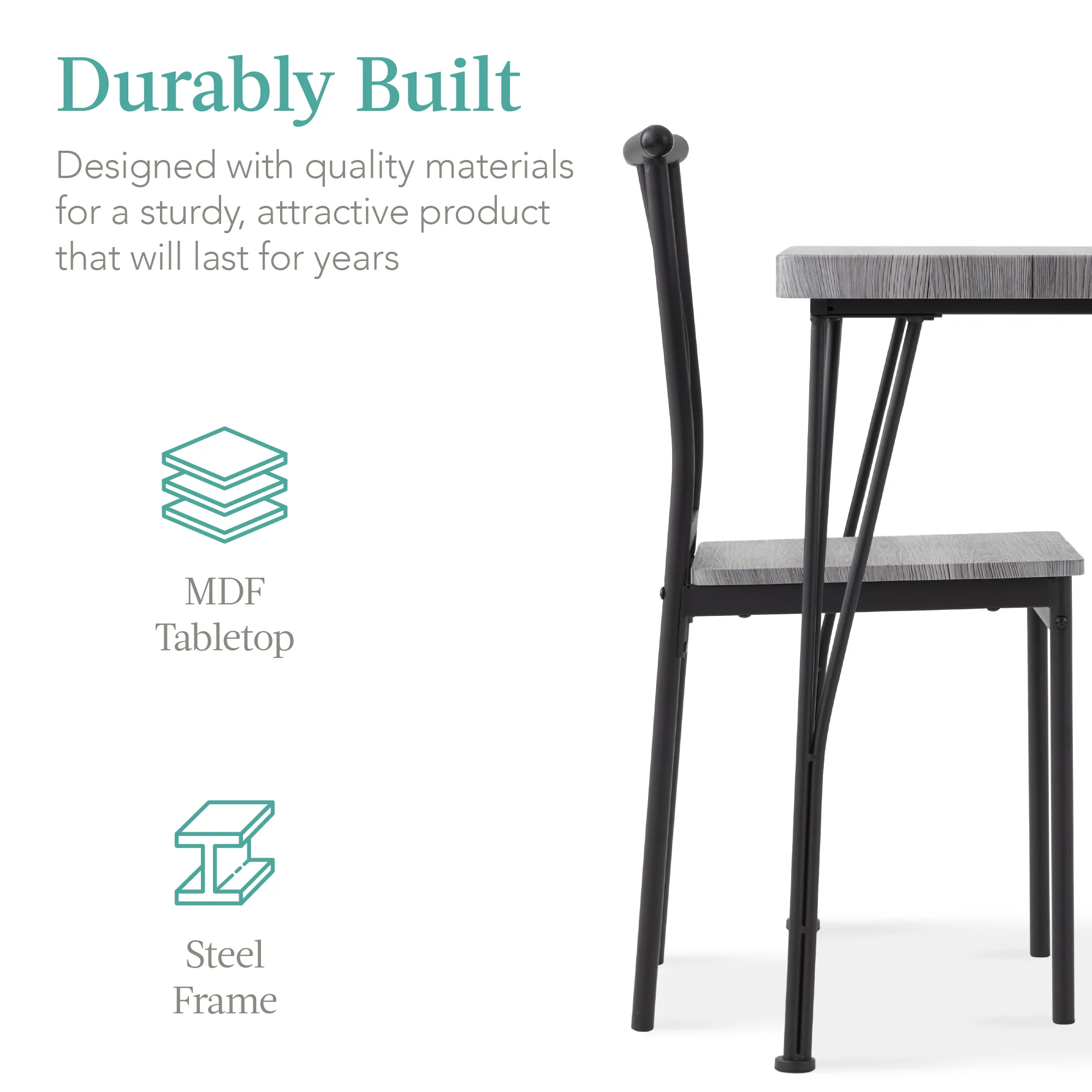 3-Piece Metal Wood Square Dining Table Furniture Set w/ 2 Chairs - Image 24