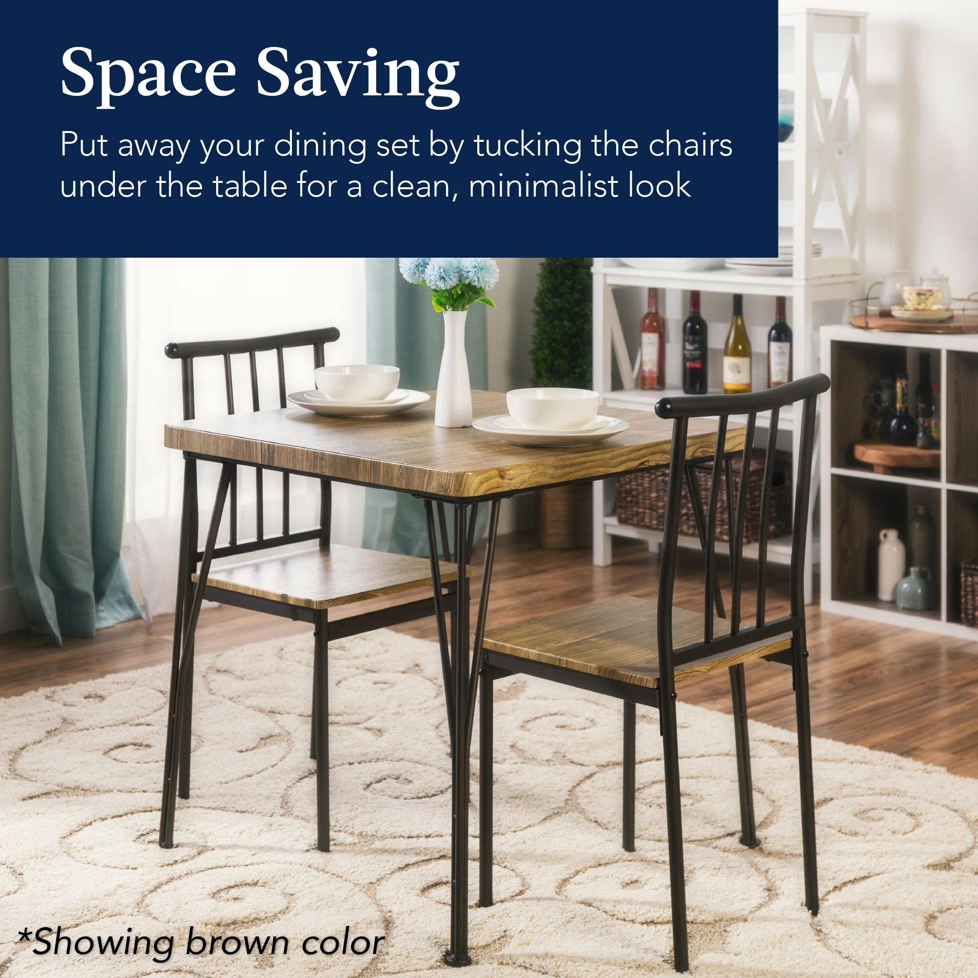 3-Piece Metal Wood Square Dining Table Furniture Set w/ 2 Chairs - Image 27