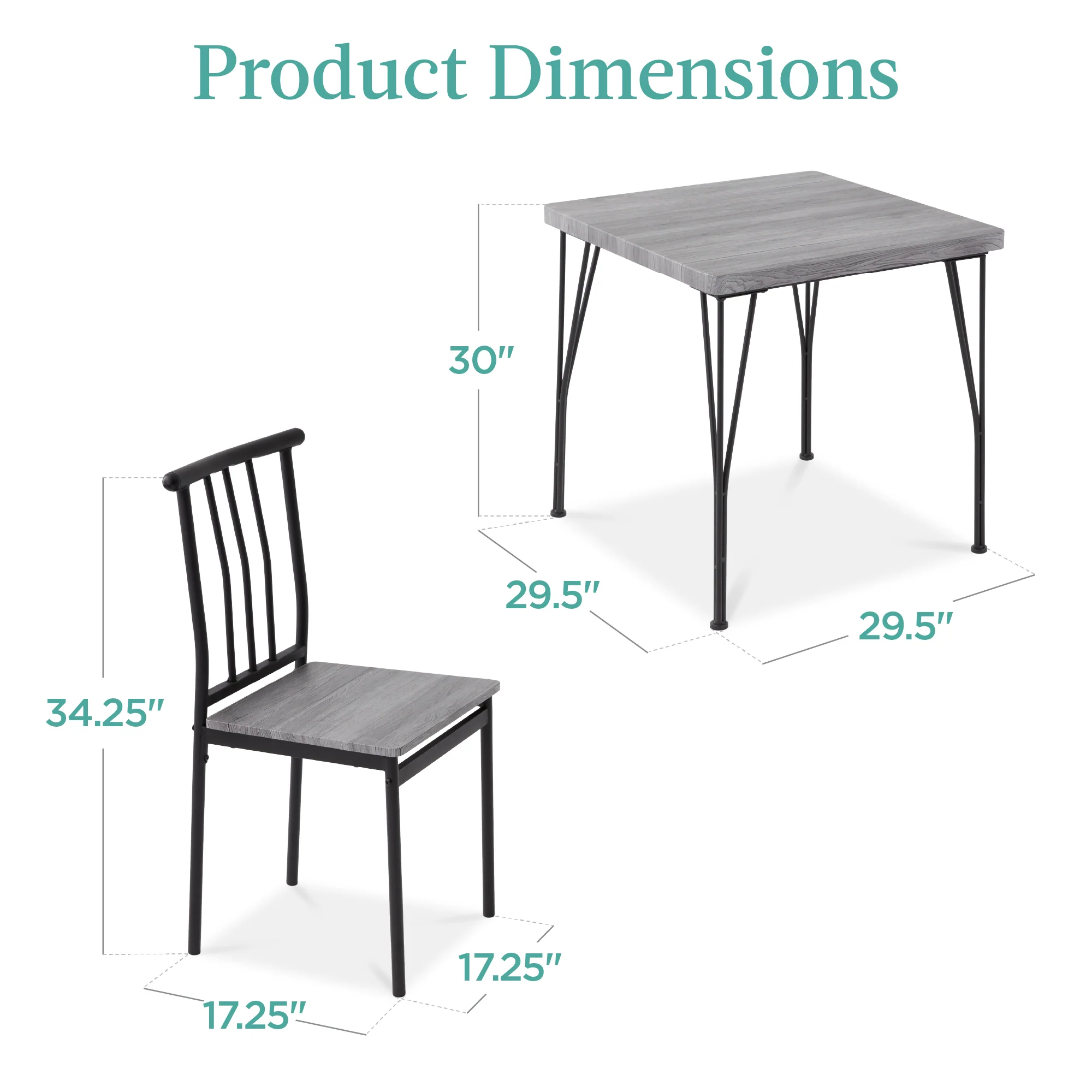 3-Piece Metal Wood Square Dining Table Furniture Set w/ 2 Chairs - Image 28