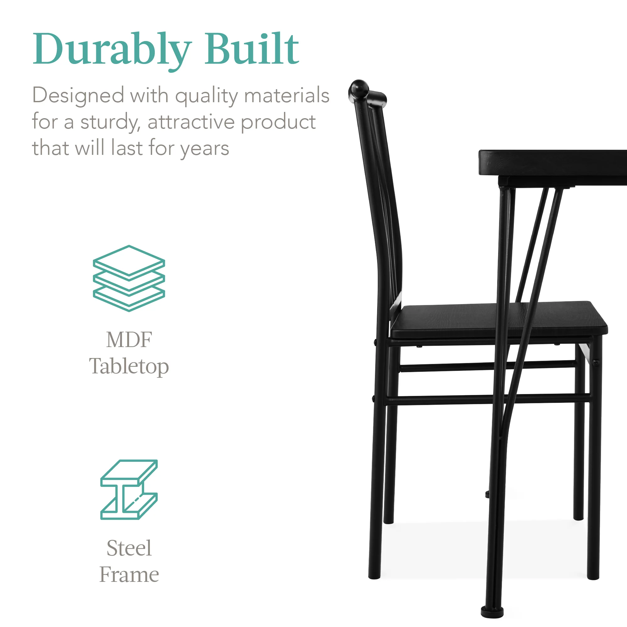 3-Piece Metal Wood Square Dining Table Furniture Set w/ 2 Chairs - Image 3