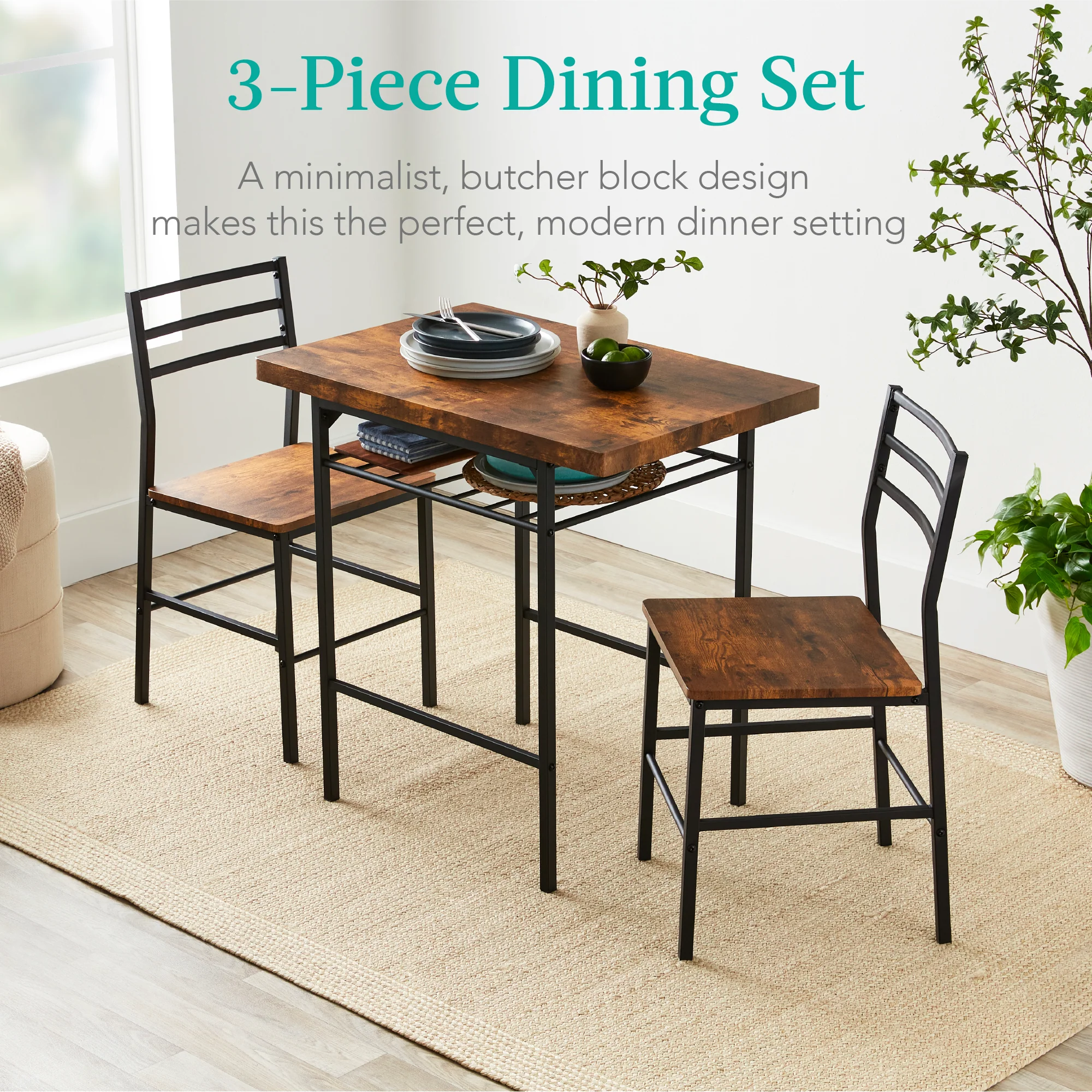 3-Piece Modern Square Dining Set w/ Storage Rack - Image 12