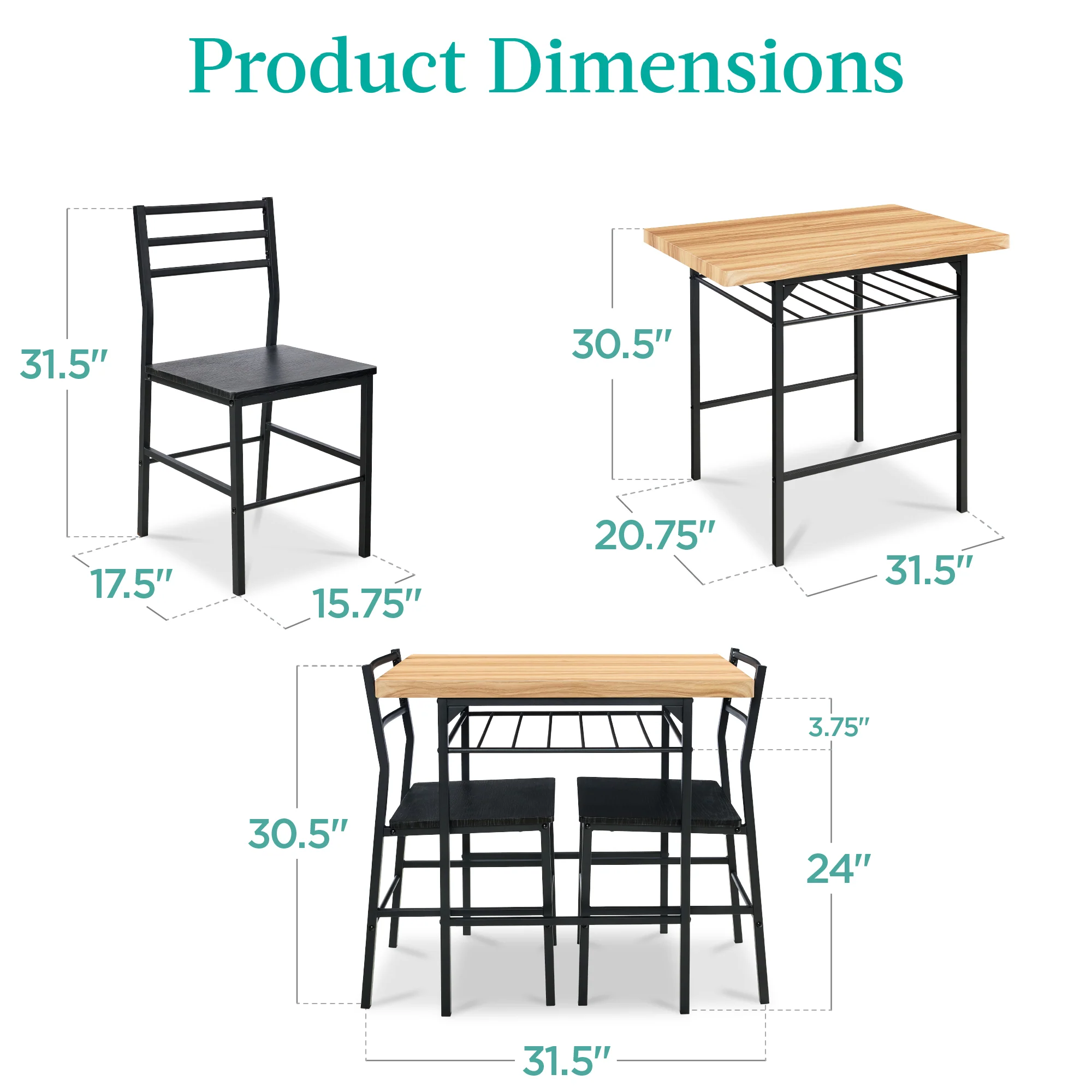 3-Piece Modern Square Dining Set w/ Storage Rack - Image 30