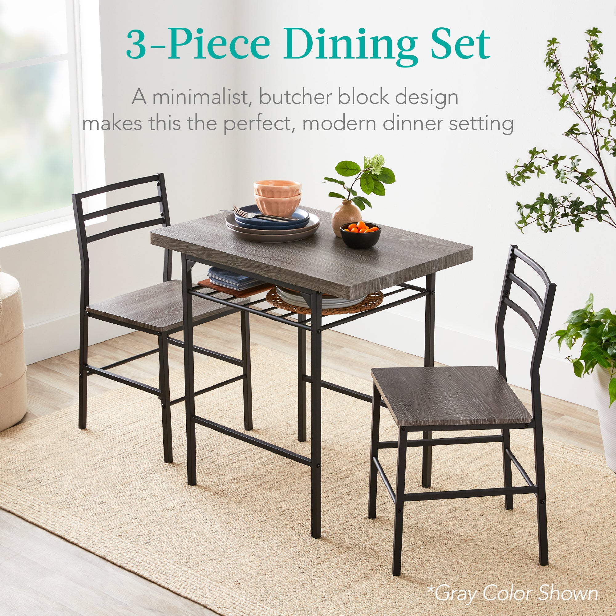 3-Piece Modern Square Dining Set w/ Storage Rack - Image 33