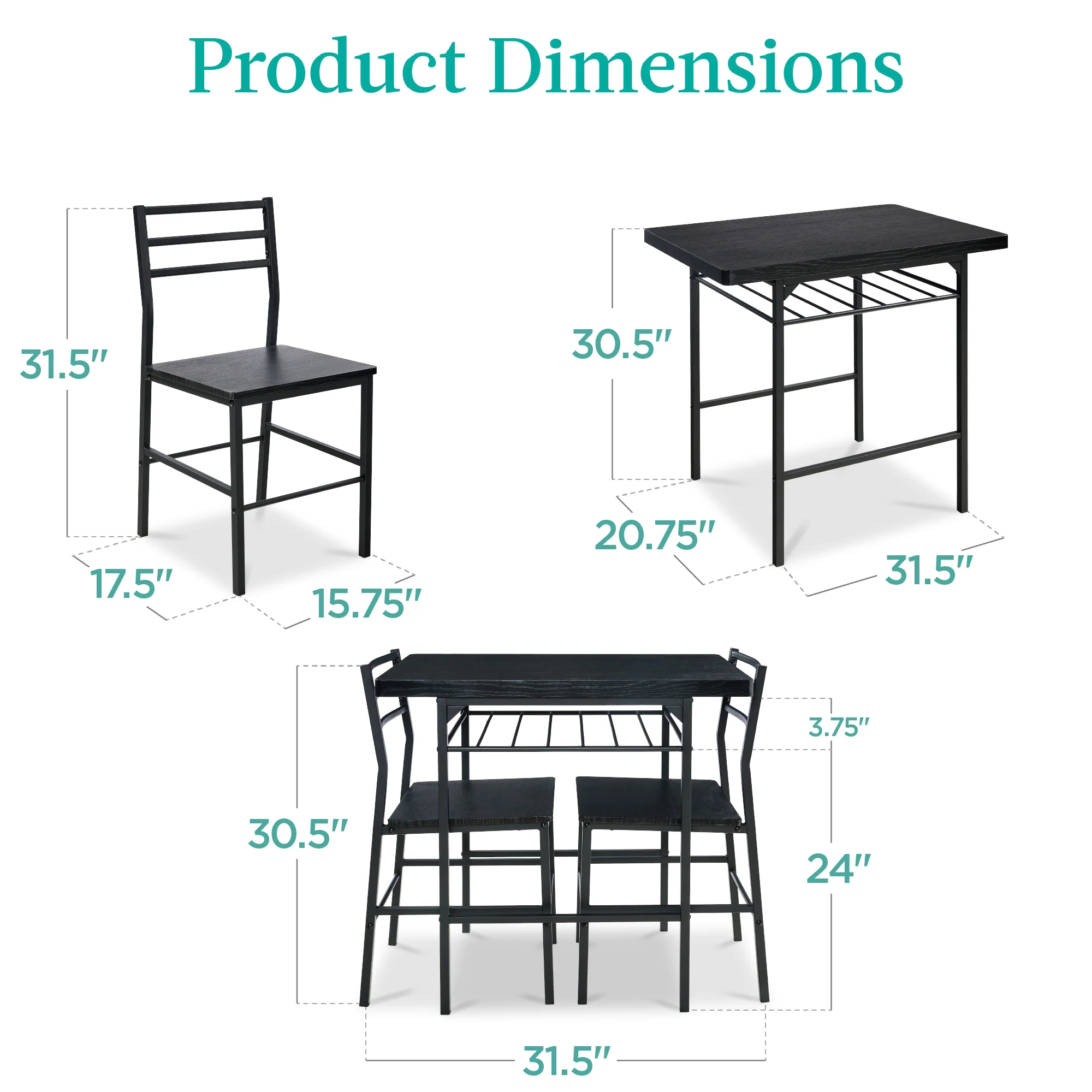 3-Piece Modern Square Dining Set w/ Storage Rack - Image 37