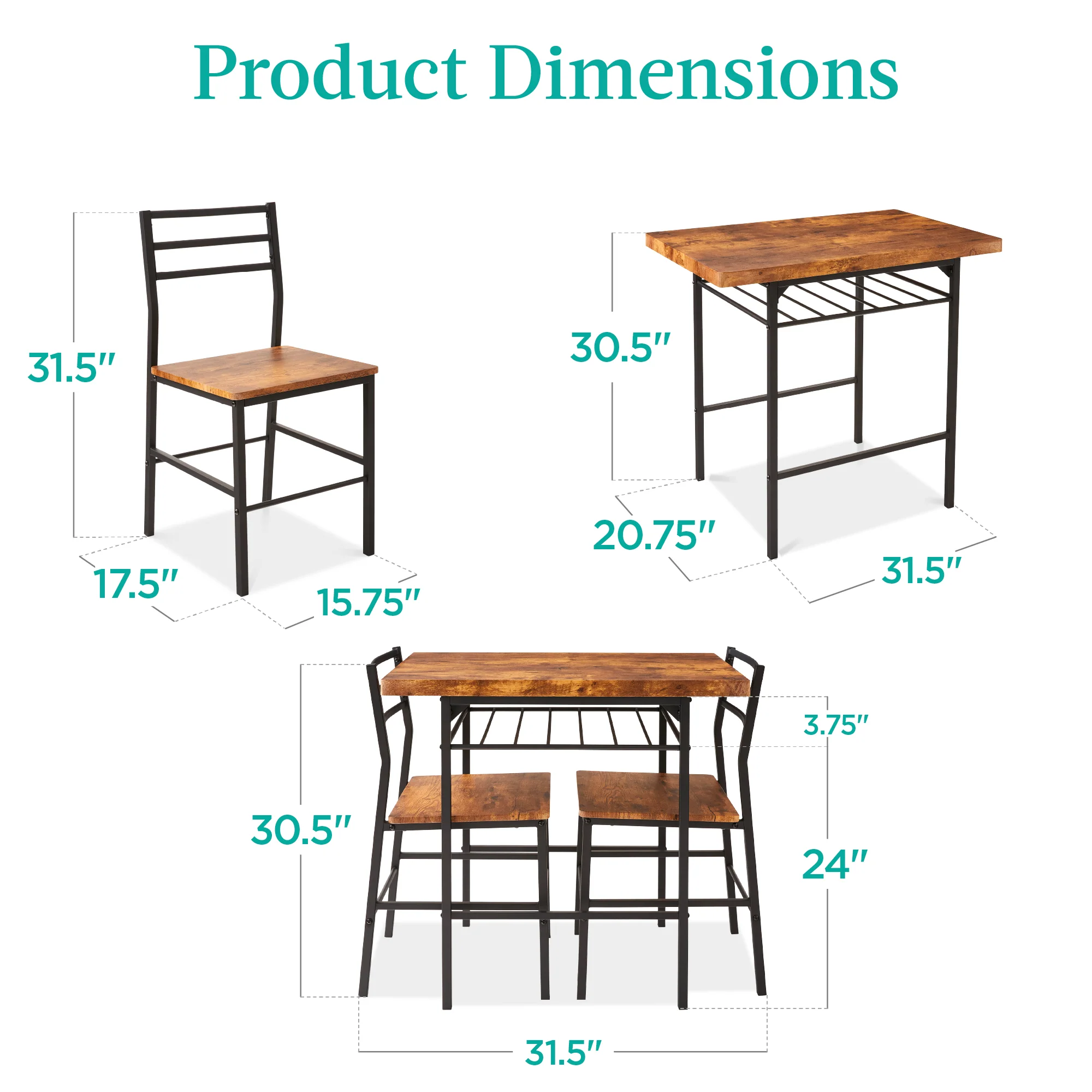 3-Piece Modern Square Dining Set w/ Storage Rack - Image 9