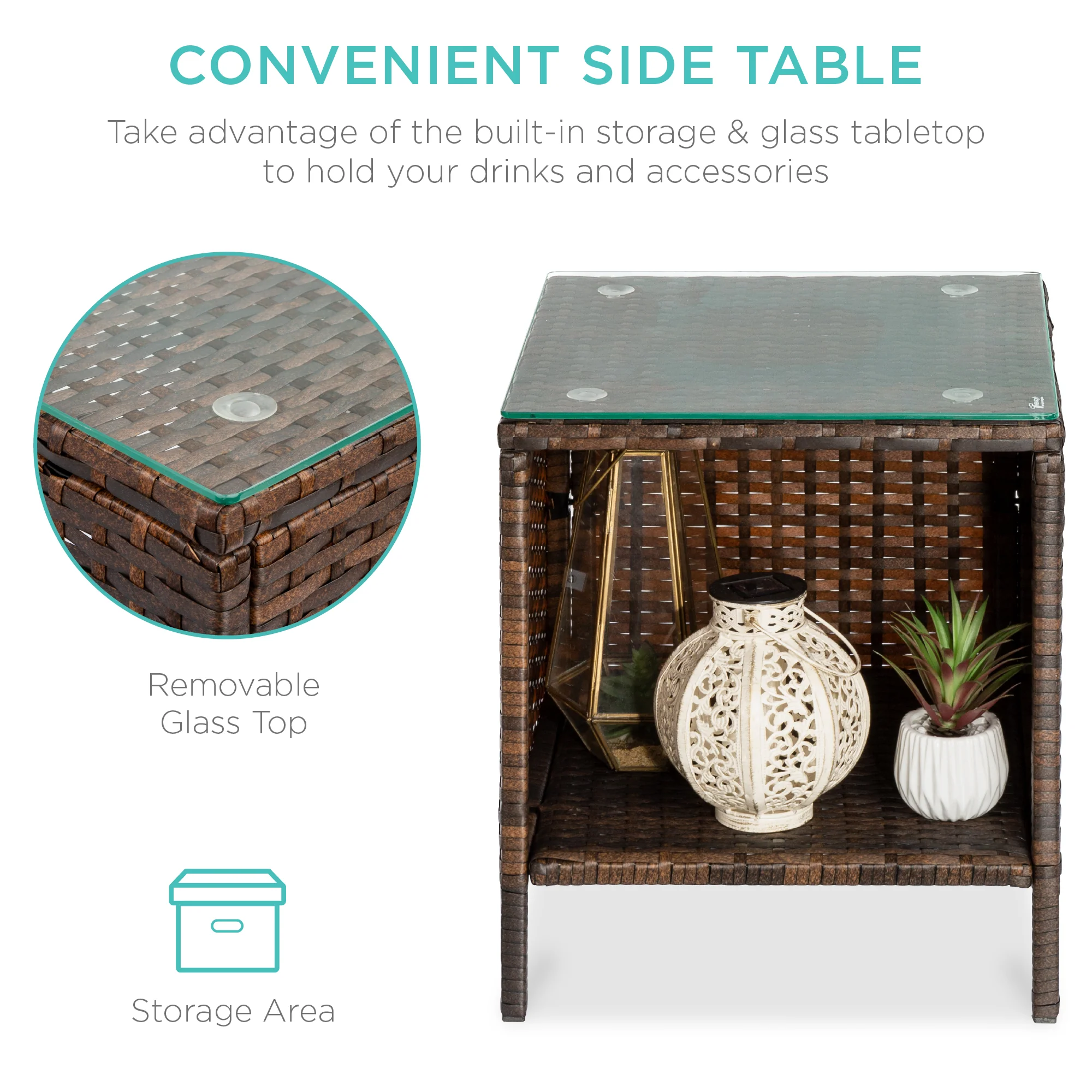 3-Piece Outdoor Patio Wicker Bistro Set w/ Side Storage Table - Image 101