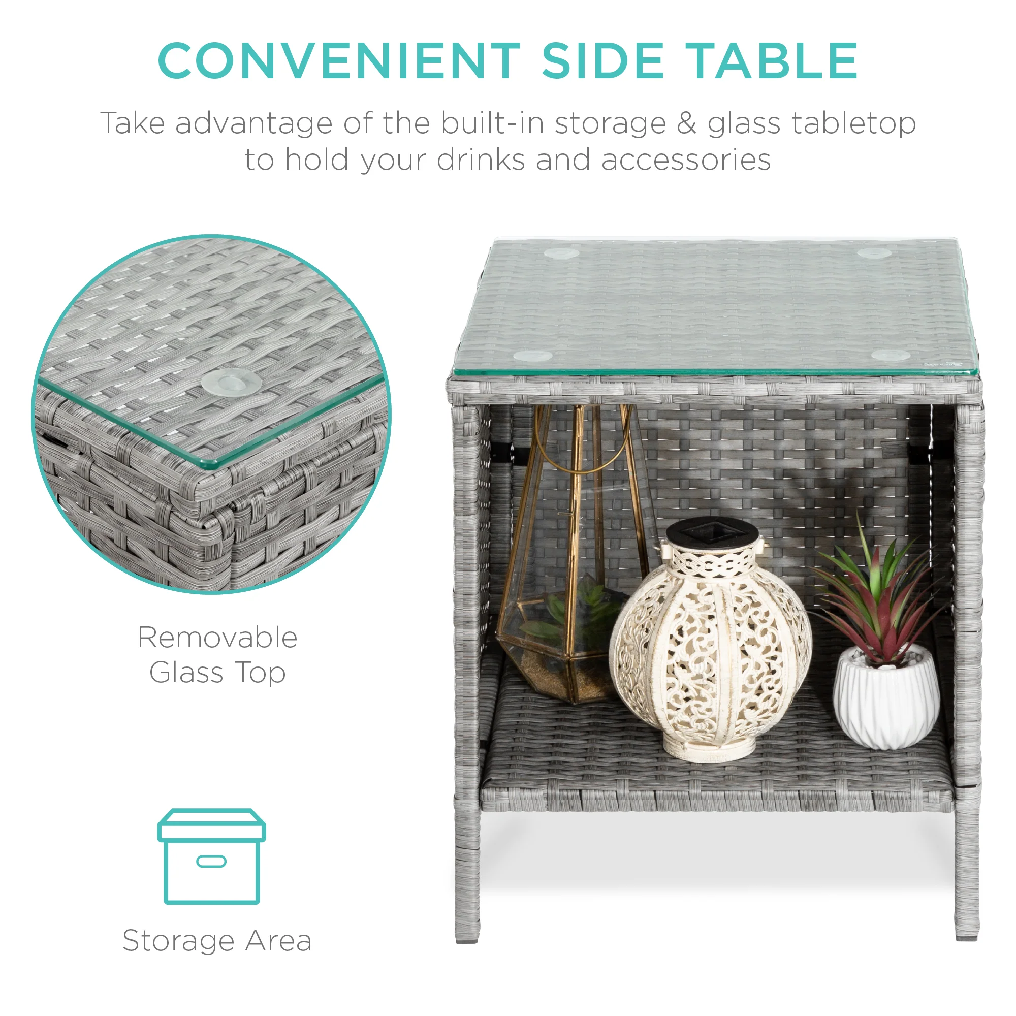 3-Piece Outdoor Patio Wicker Bistro Set w/ Side Storage Table - Image 45