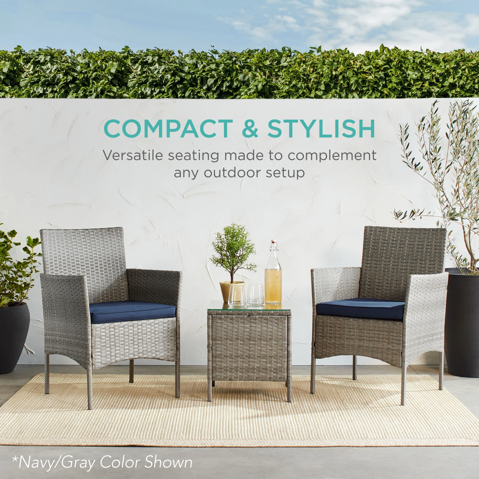 3-Piece Outdoor Patio Wicker Bistro Set w/ Side Storage Table - Image 6