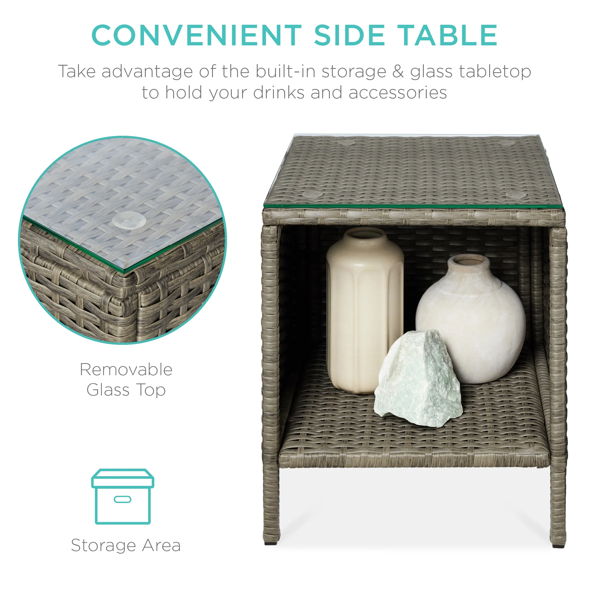 3-Piece Outdoor Patio Wicker Bistro Set w/ Side Storage Table - Image 73