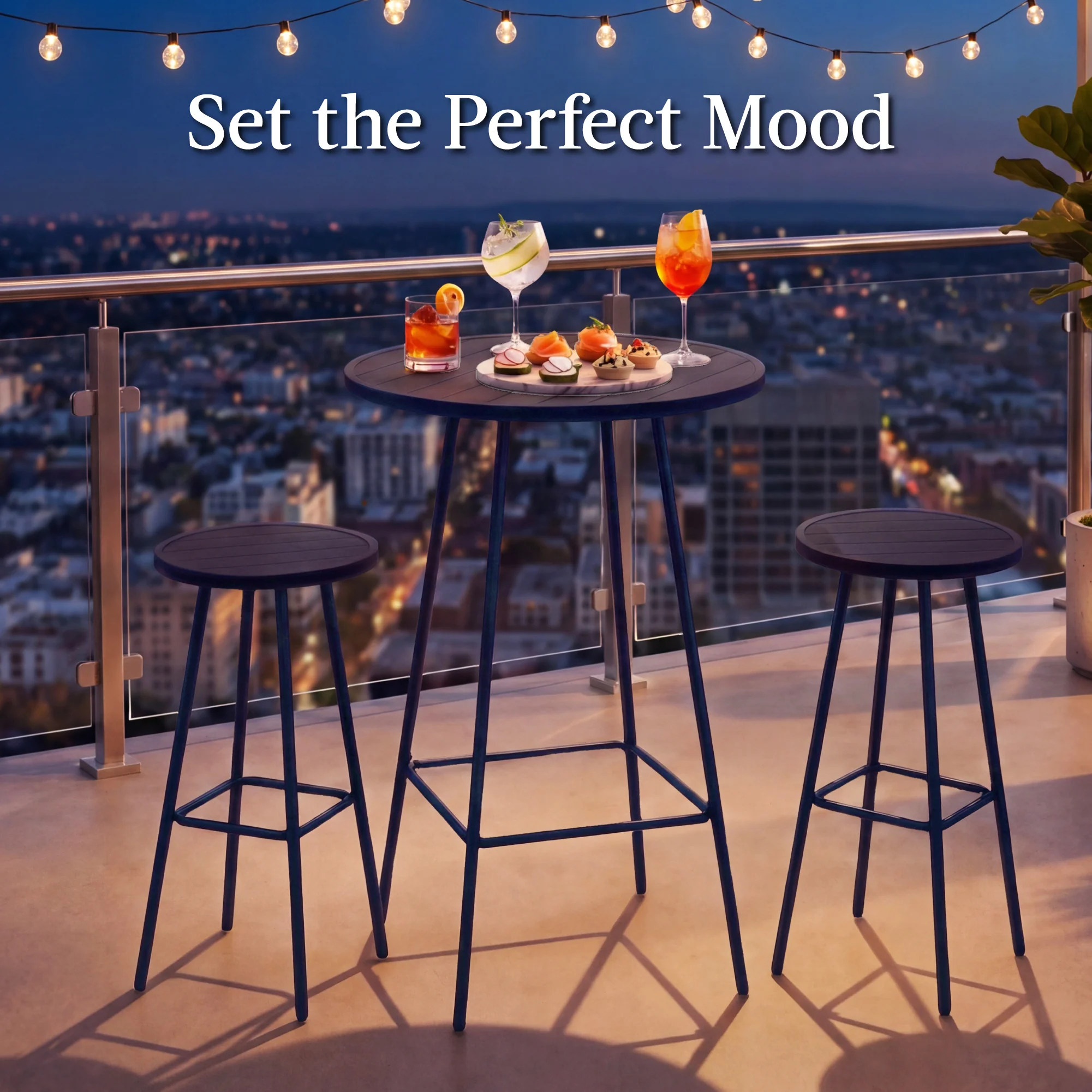 3-Piece Patio Bar Height Bistro Set w/ Backless Stools, Slatted Design - Image 22