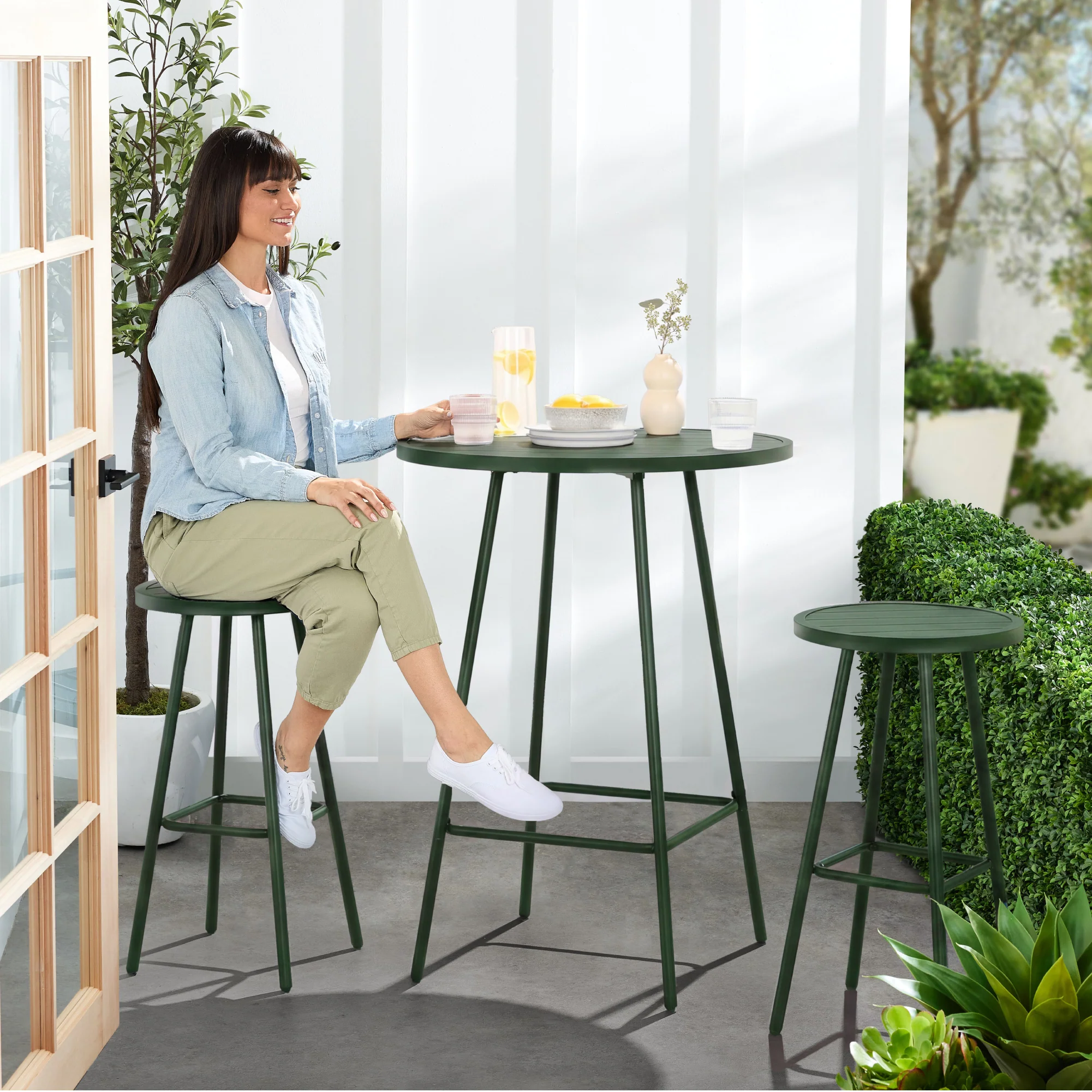 3-Piece Patio Bar Height Bistro Set w/ Backless Stools, Slatted Design - Image 36