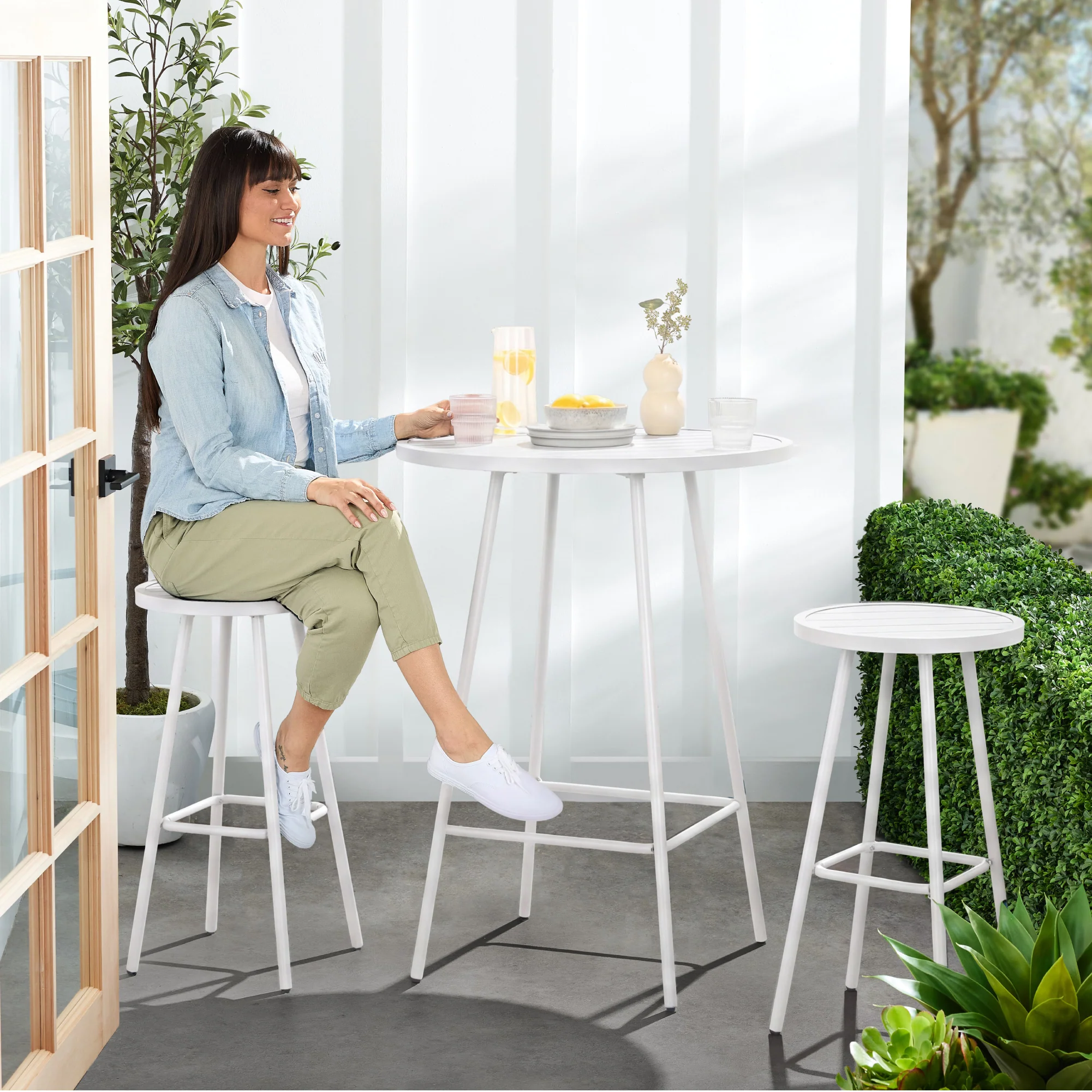 3-Piece Patio Bar Height Bistro Set w/ Backless Stools, Slatted Design - Image 45