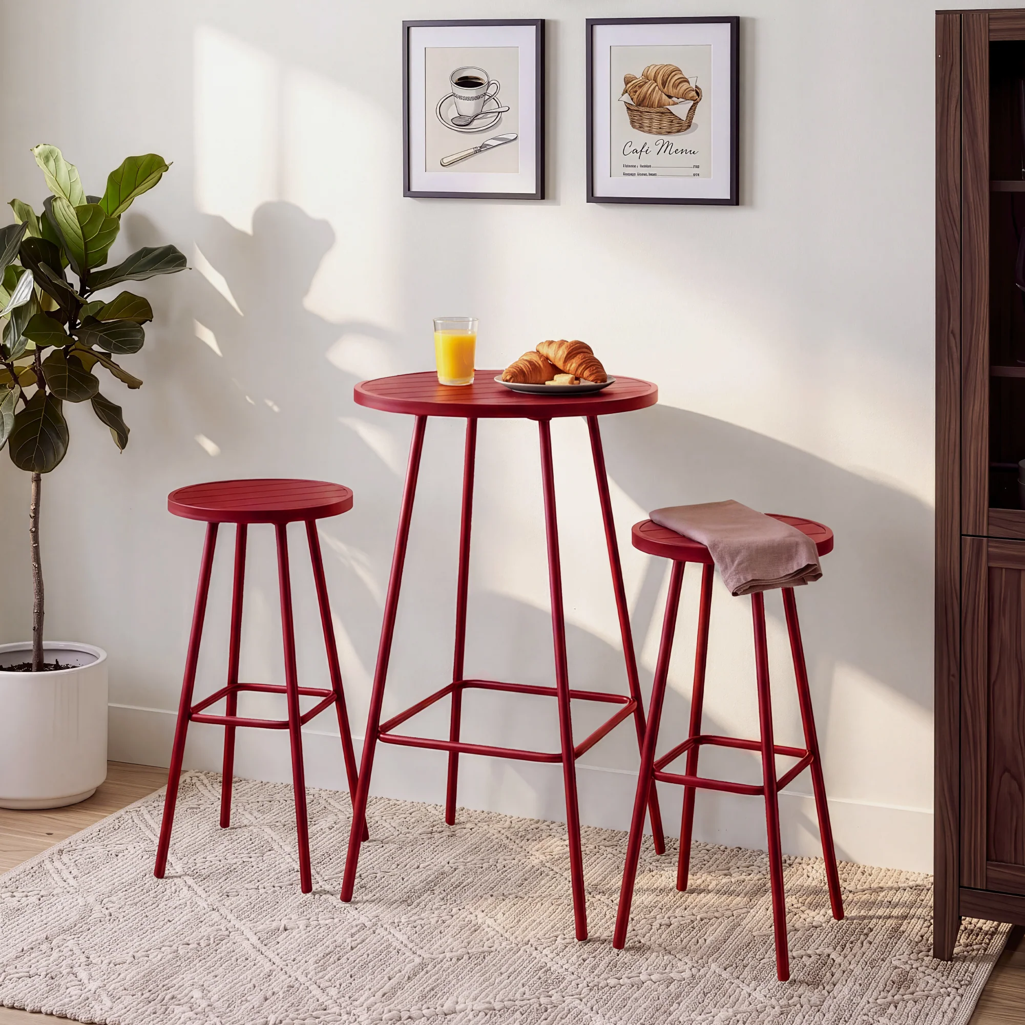 3-Piece Patio Bar Height Bistro Set w/ Backless Stools, Slatted Design - Image 57