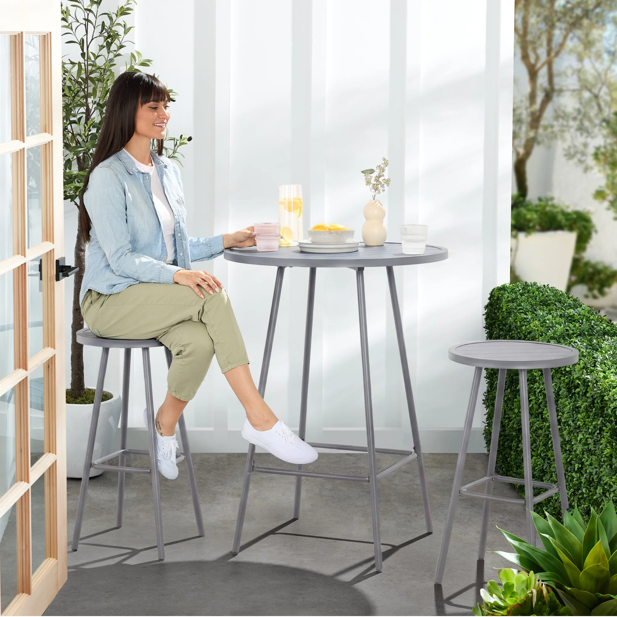 3-Piece Patio Bar Height Bistro Set w/ Backless Stools, Slatted Design - Image 90